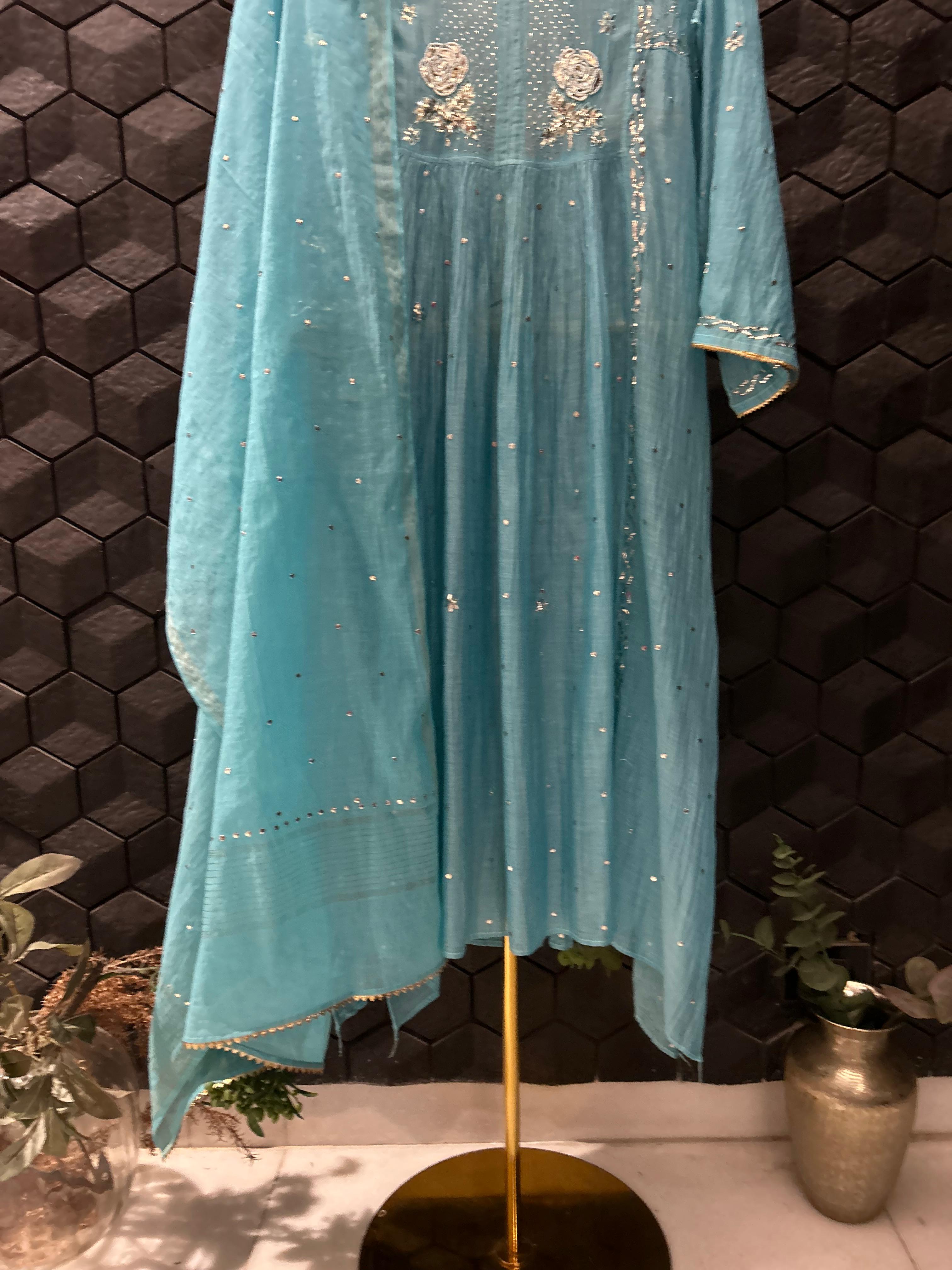 Blue Mul Chanderi Mukaish Kurta Set