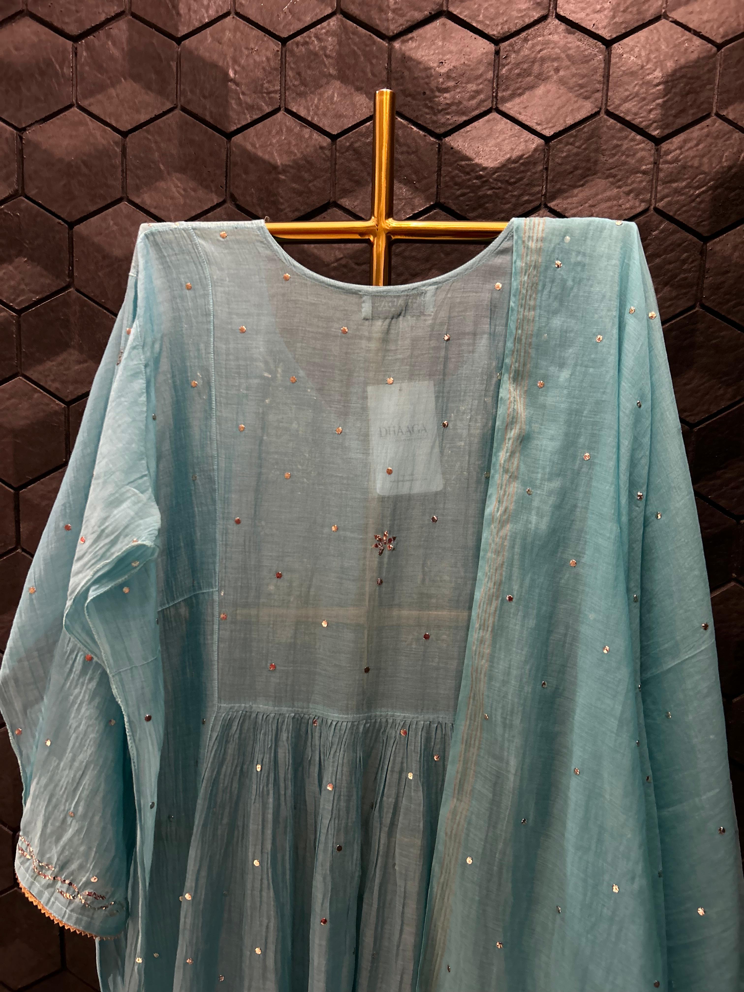 Blue Mul Chanderi Mukaish Kurta Set