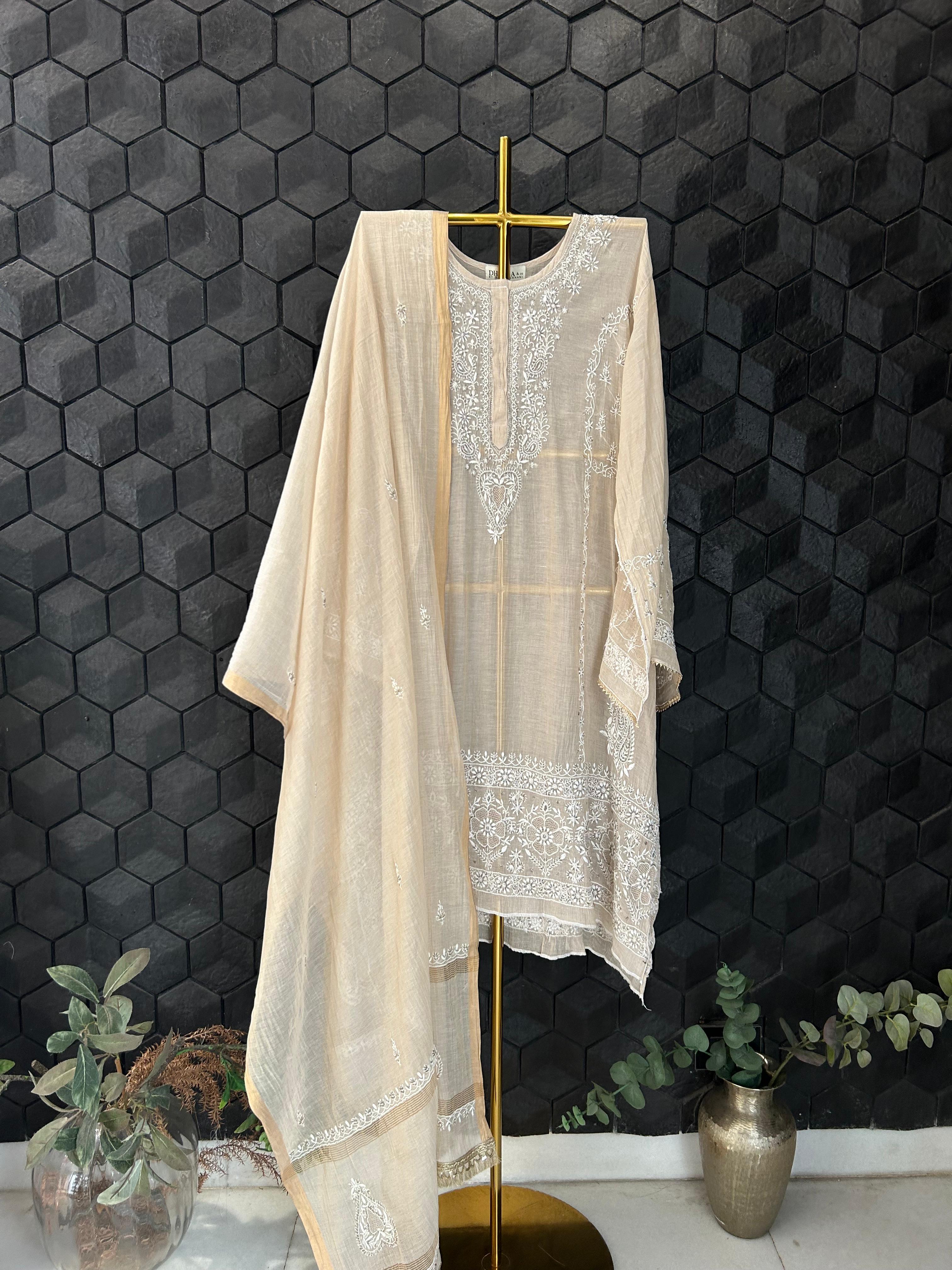 Beige golden tissue chikanakri kurta set