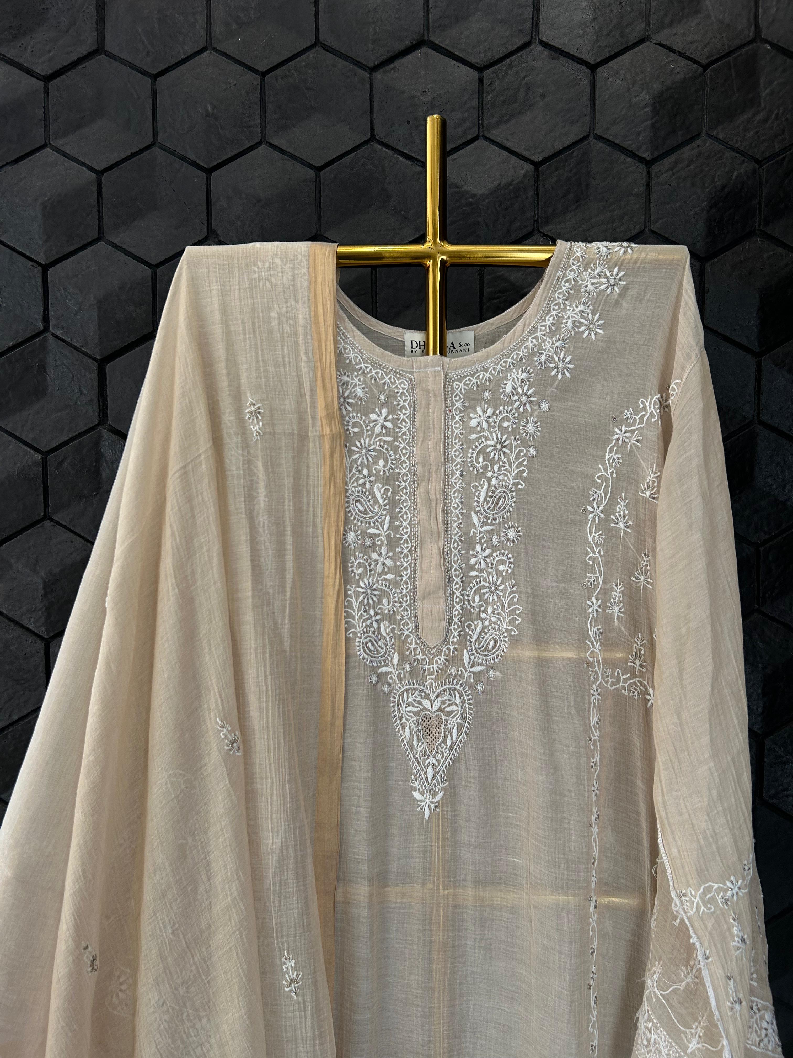 Beige golden tissue chikanakri kurta set