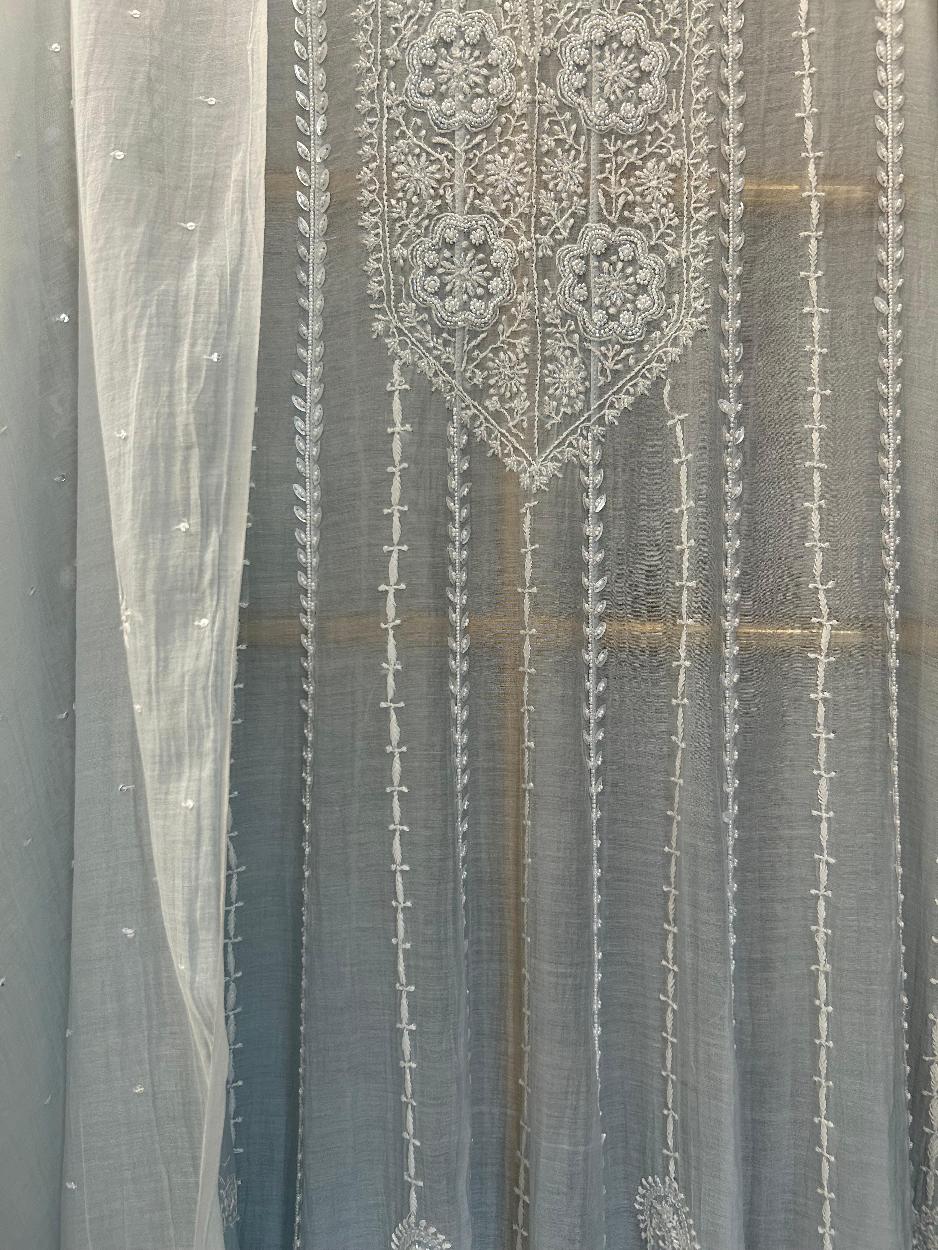 Sky Blue Mul Chanderi Chikankari Anarkali Set