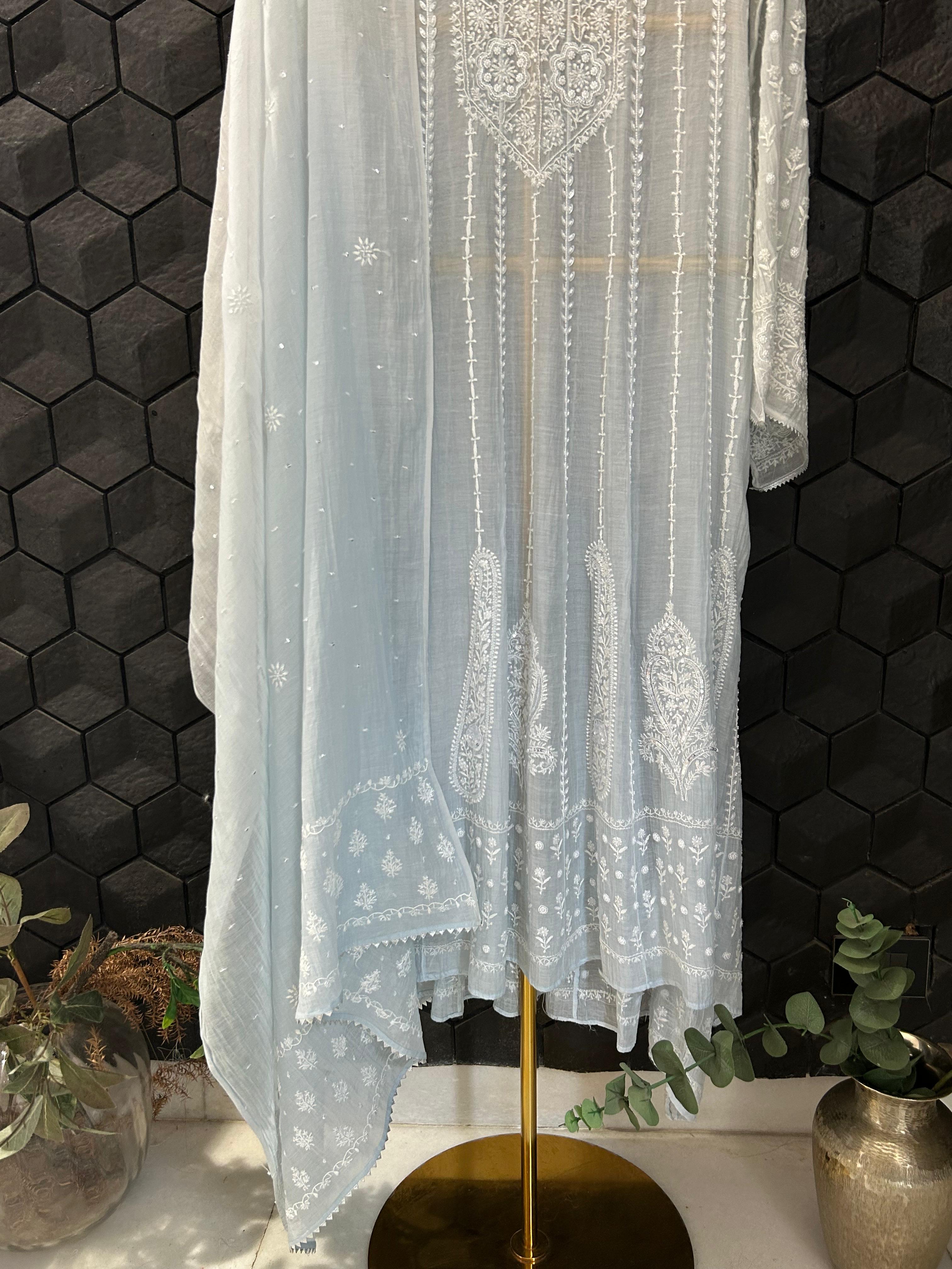 Sky Blue Mul Chanderi Chikankari Anarkali Set