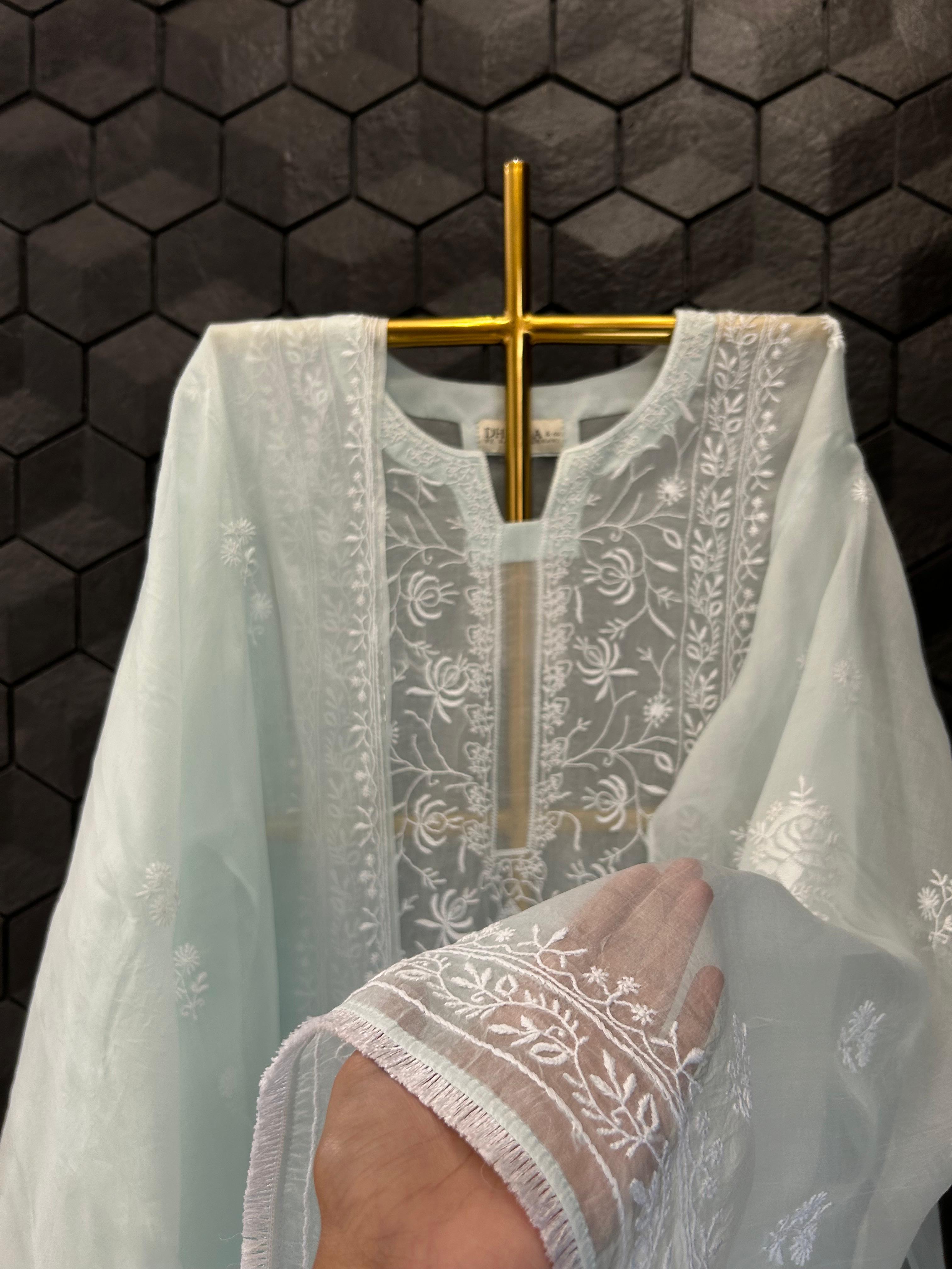 Blue Organza Chikankari kurta Set