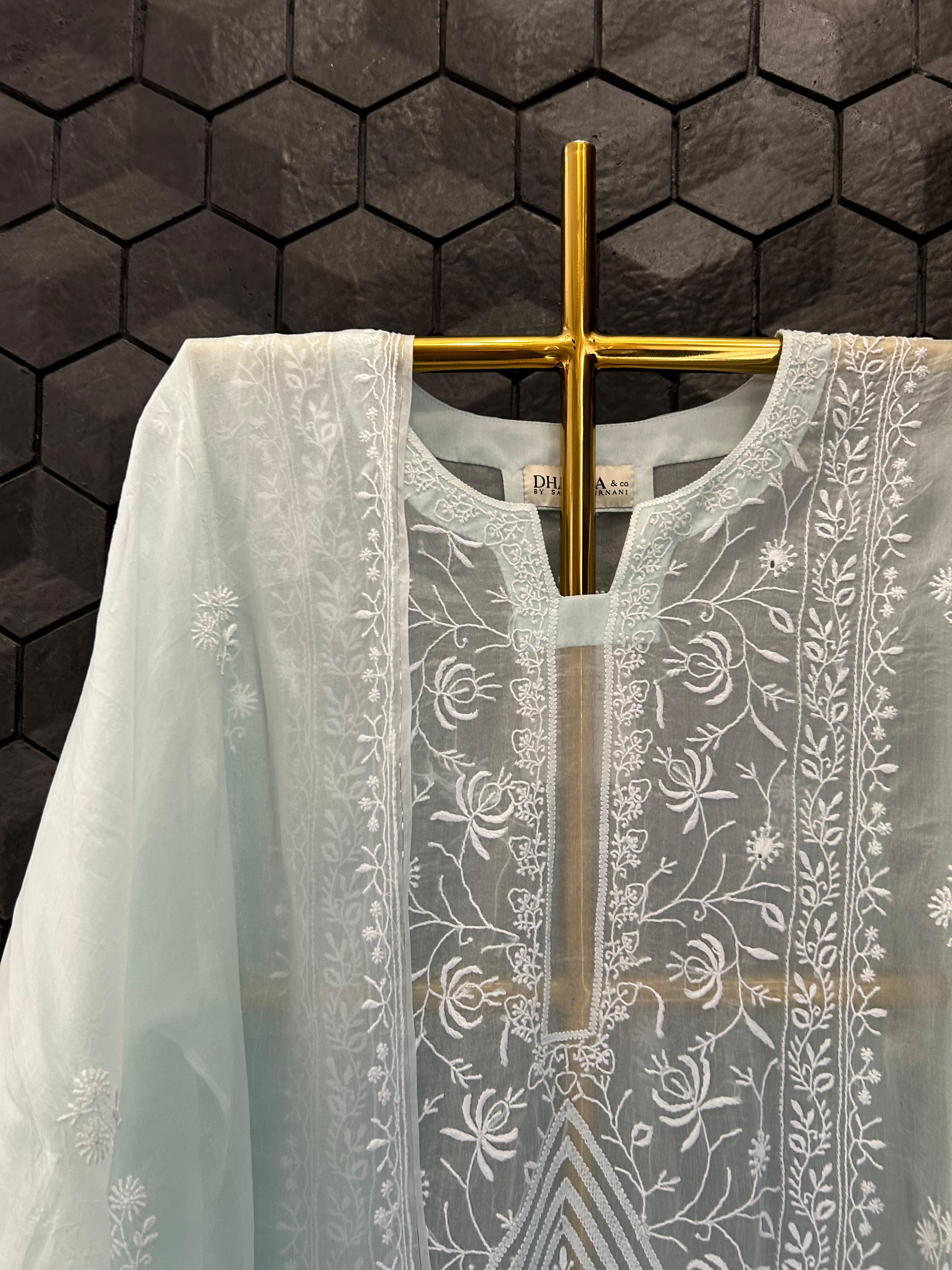 Blue Organza Chikankari kurta Set