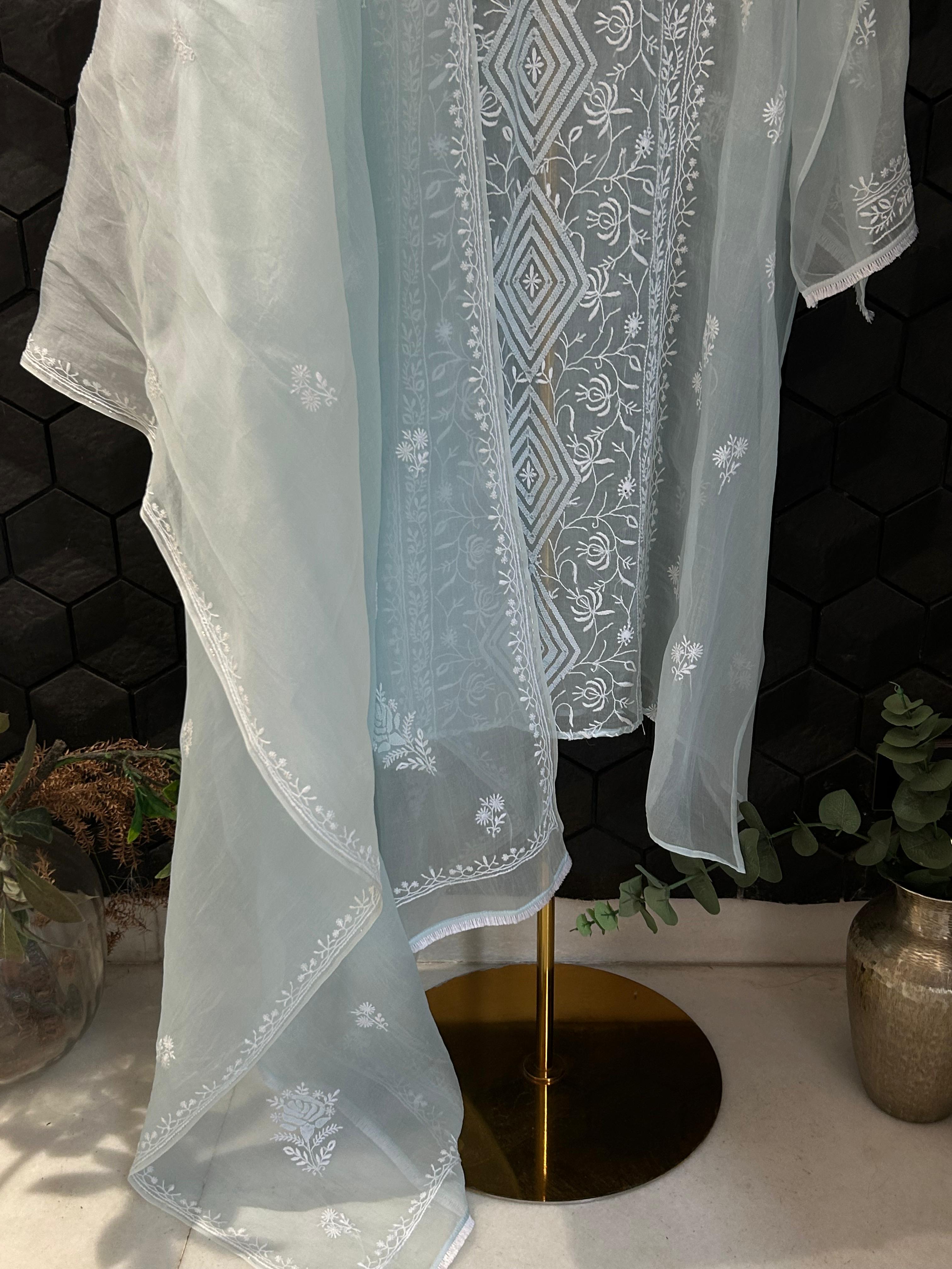 Blue Organza Chikankari kurta Set
