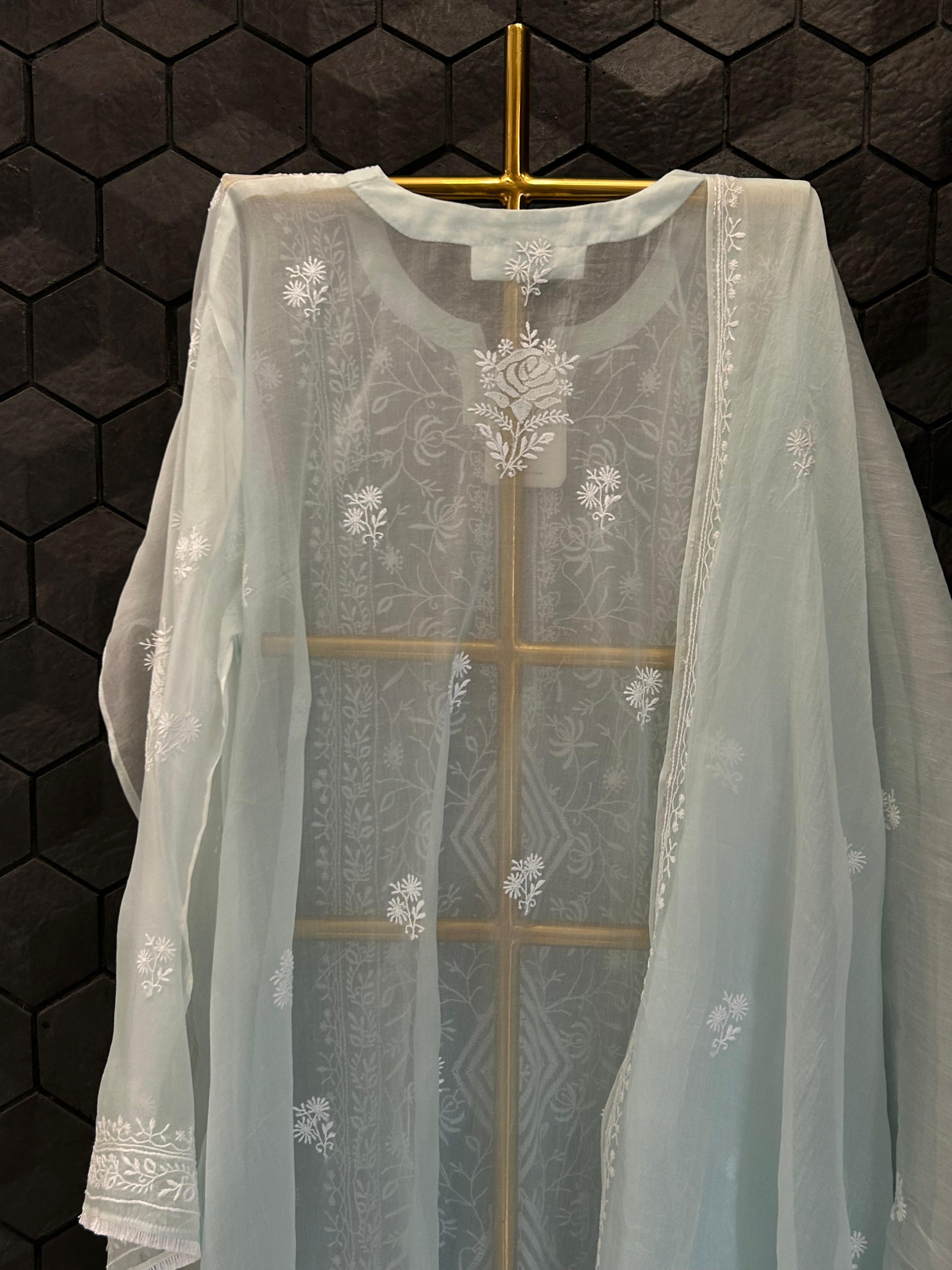 Blue Organza Chikankari kurta Set