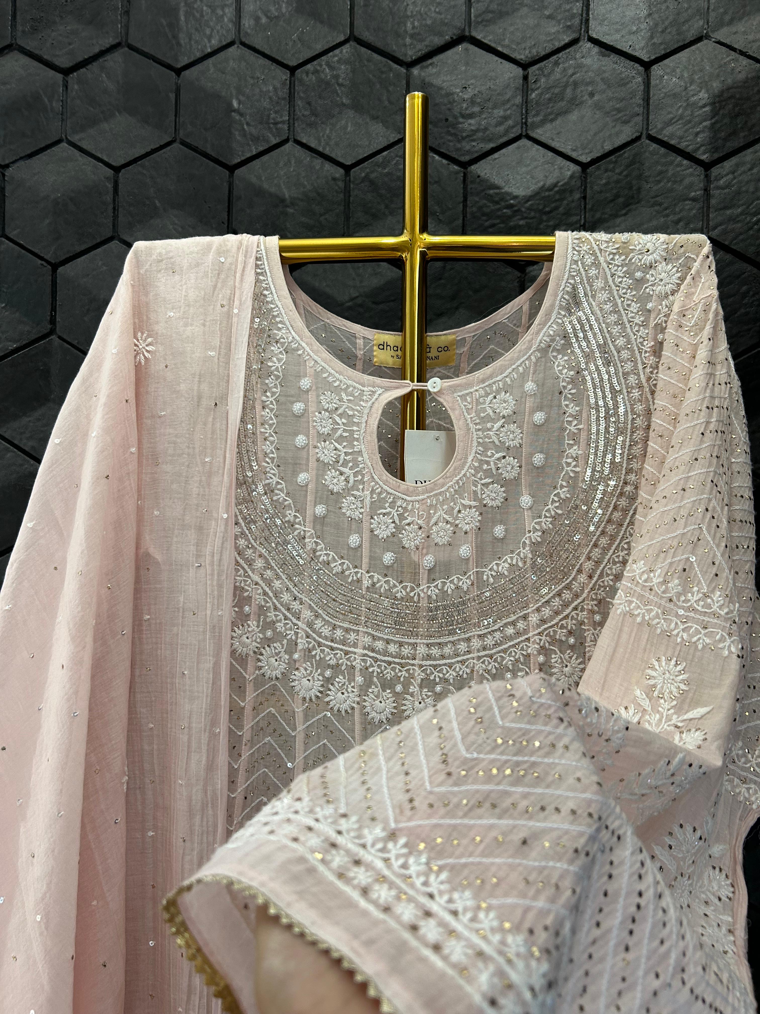 Pink Mul Chanderi Chikankari Mukaish Anarkali Set