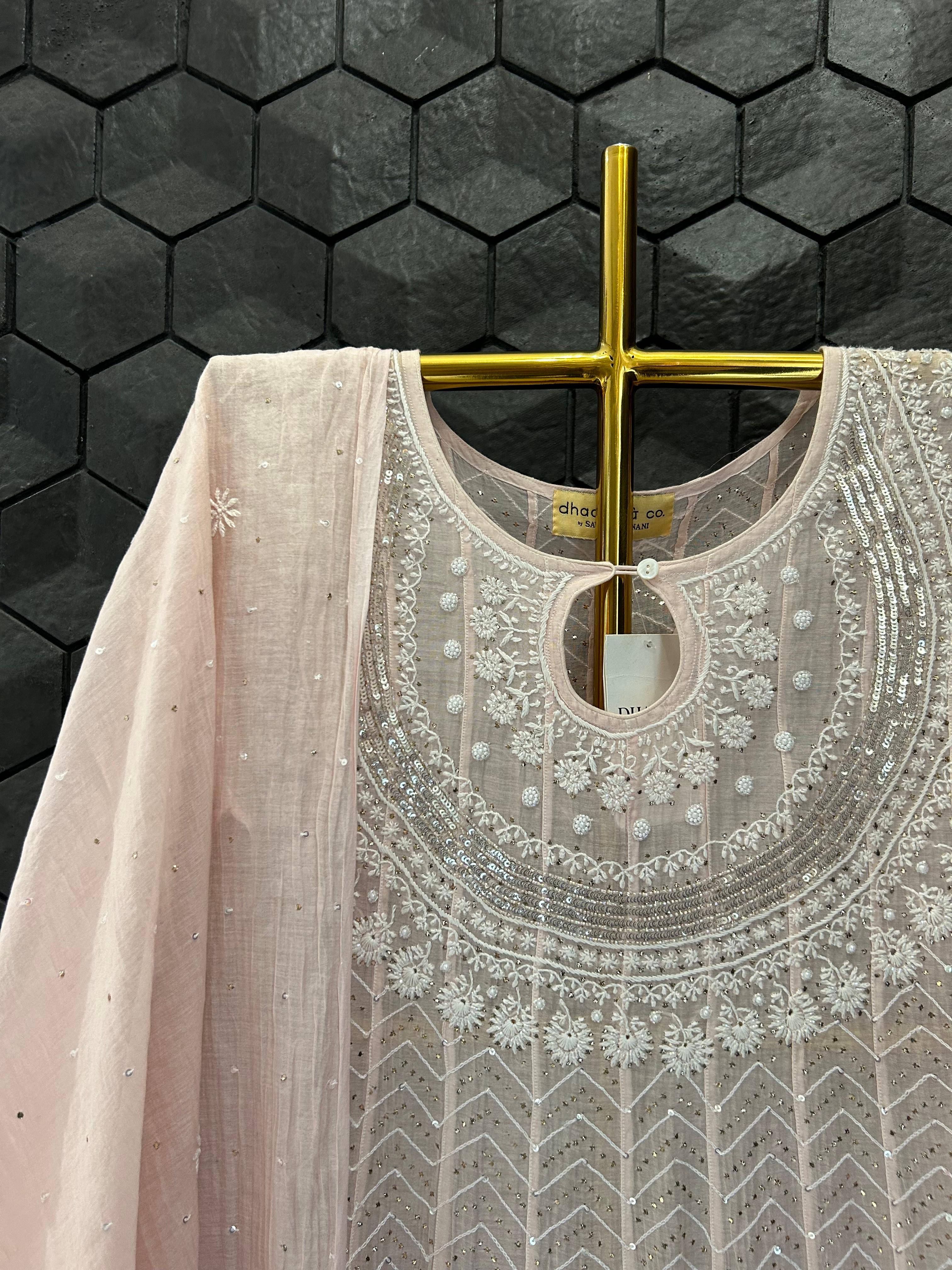 Pink Mul Chanderi Chikankari Mukaish Anarkali Set