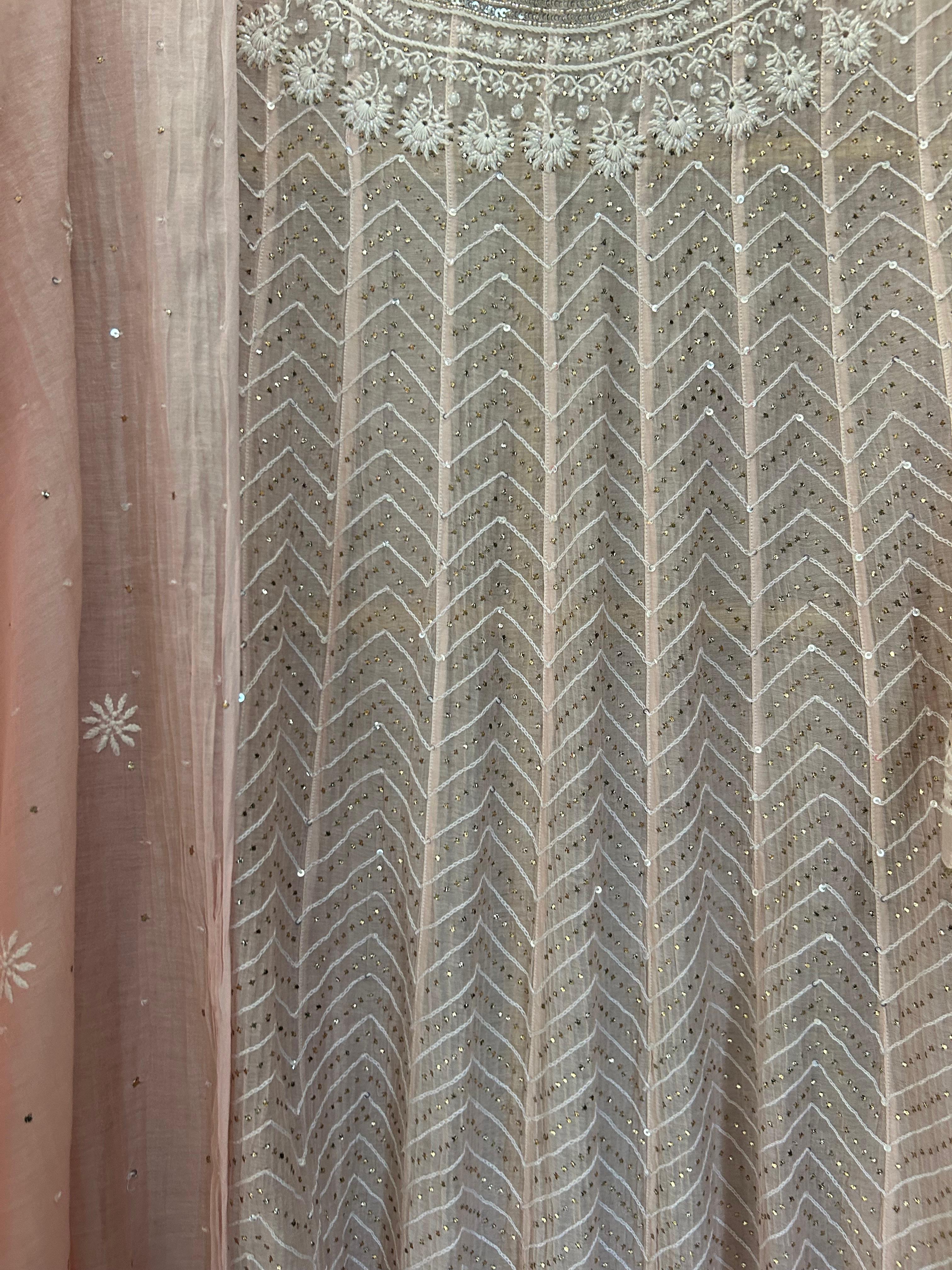 Pink Mul Chanderi Chikankari Mukaish Anarkali Set