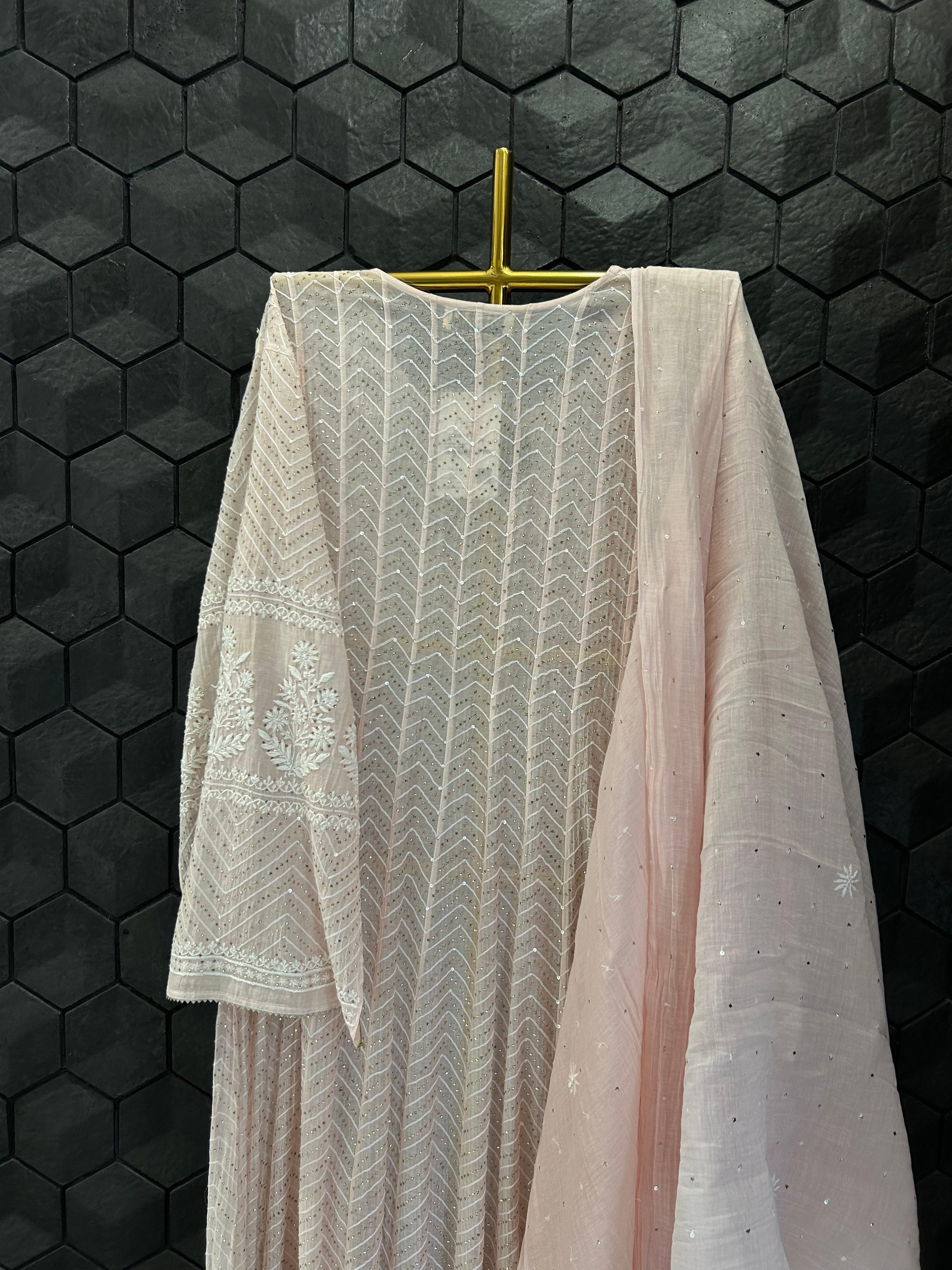 Pink Mul Chanderi Chikankari Mukaish Anarkali Set