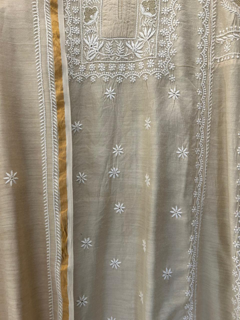 Beige Munga Silk Chikankari Kurta Set