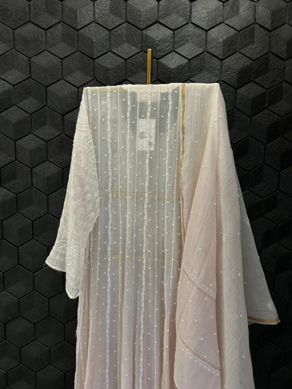 Pink Mul Chanderi Chikankari Anarkali Set