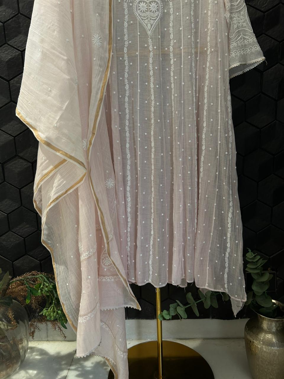 Pink Mul Chanderi Chikankari Anarkali Set