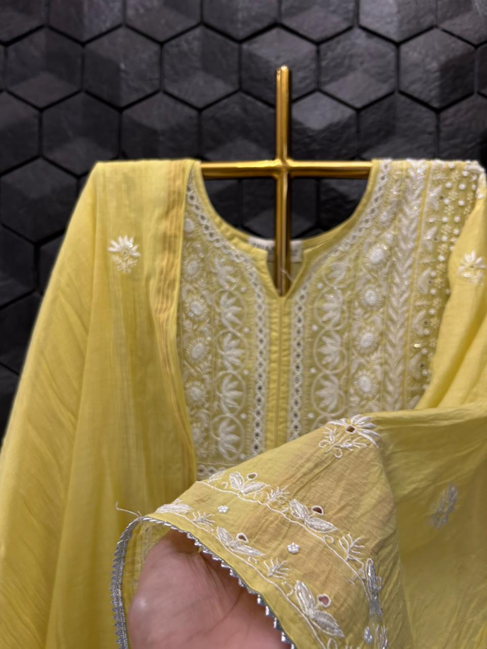 Green Mul Chanderi Chikankari Kurta Set