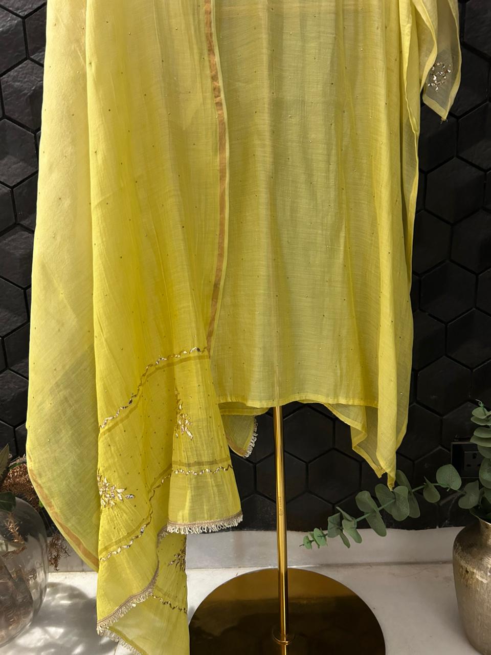 Yellow Mul Chanderi Mukaish kurta Set