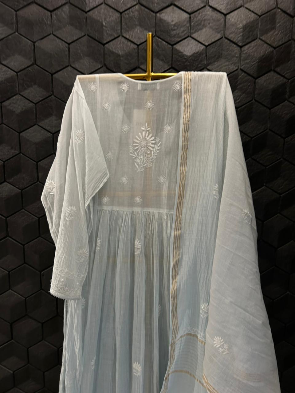 Blue Mul Chanderi Chikankari Kurta Set