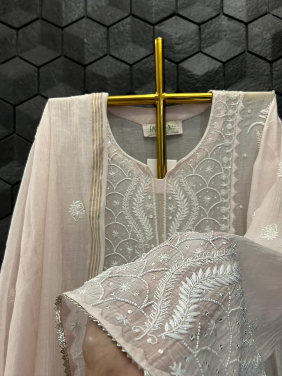 Pink Mul Chanderi Chikankari Kurta Set