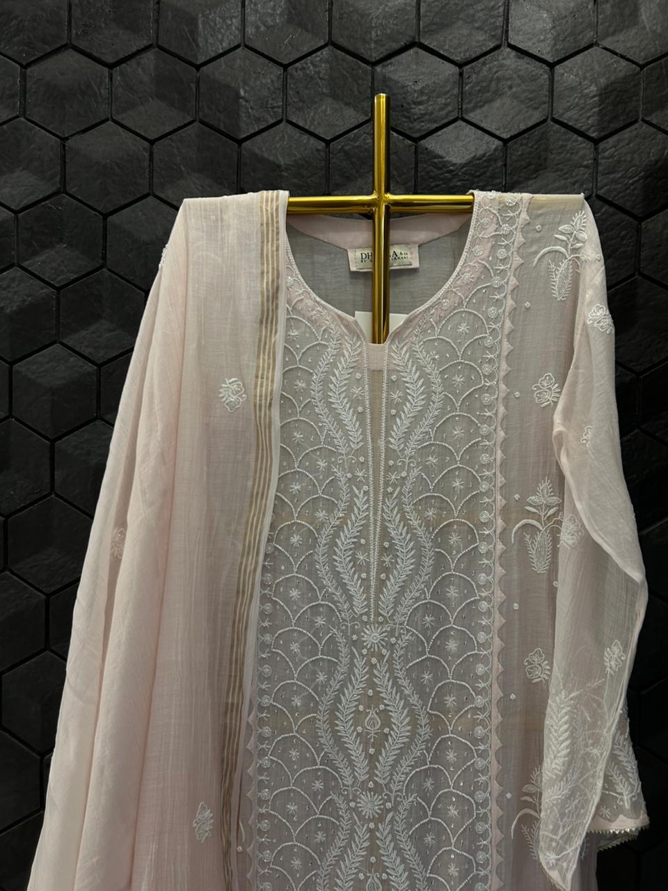 Pink Mul Chanderi Chikankari Kurta Set