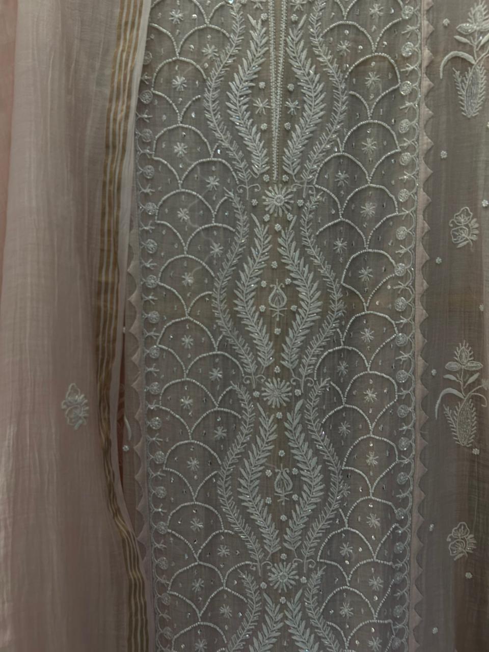 Pink Mul Chanderi Chikankari Kurta Set