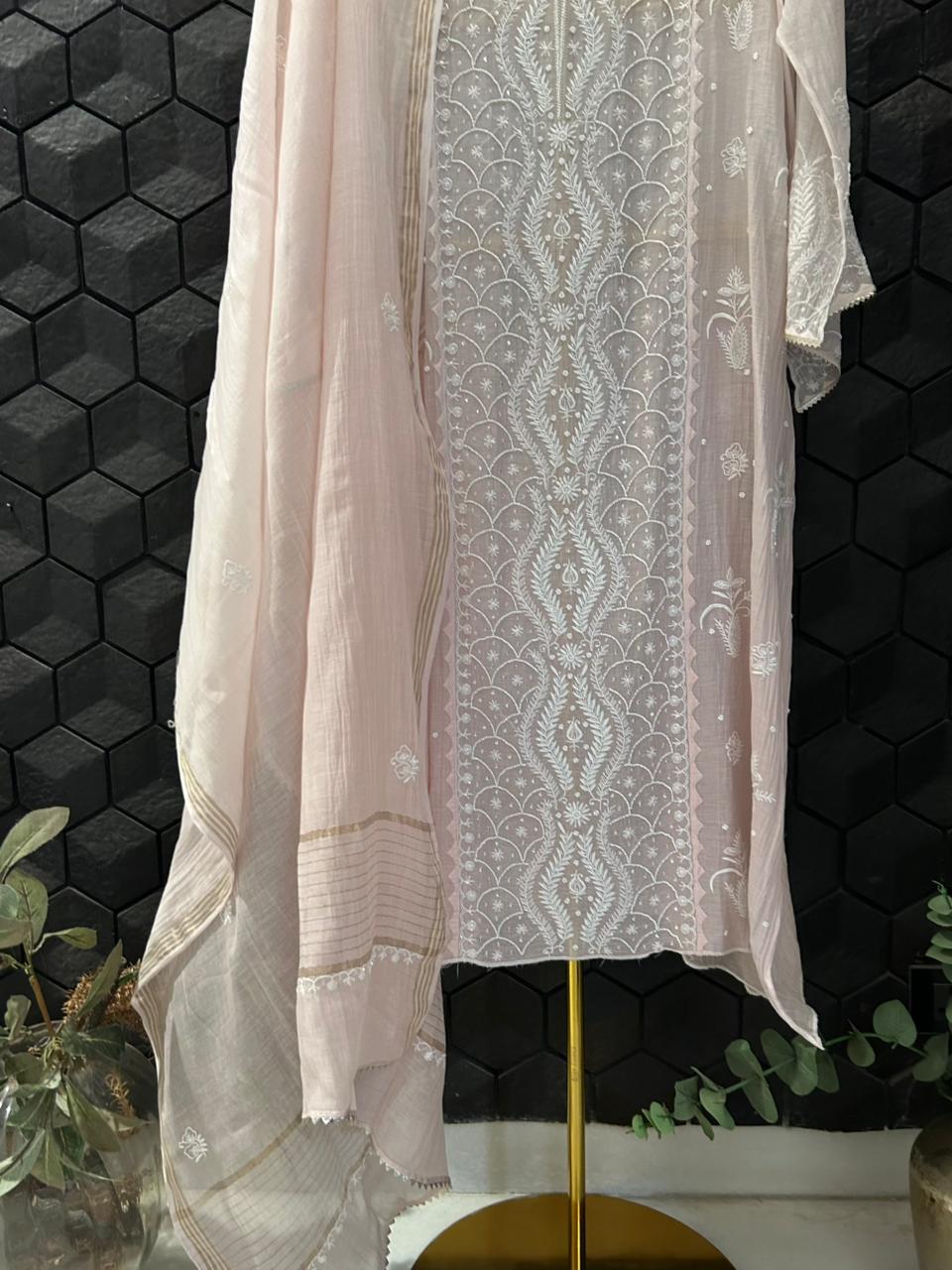 Pink Mul Chanderi Chikankari Kurta Set