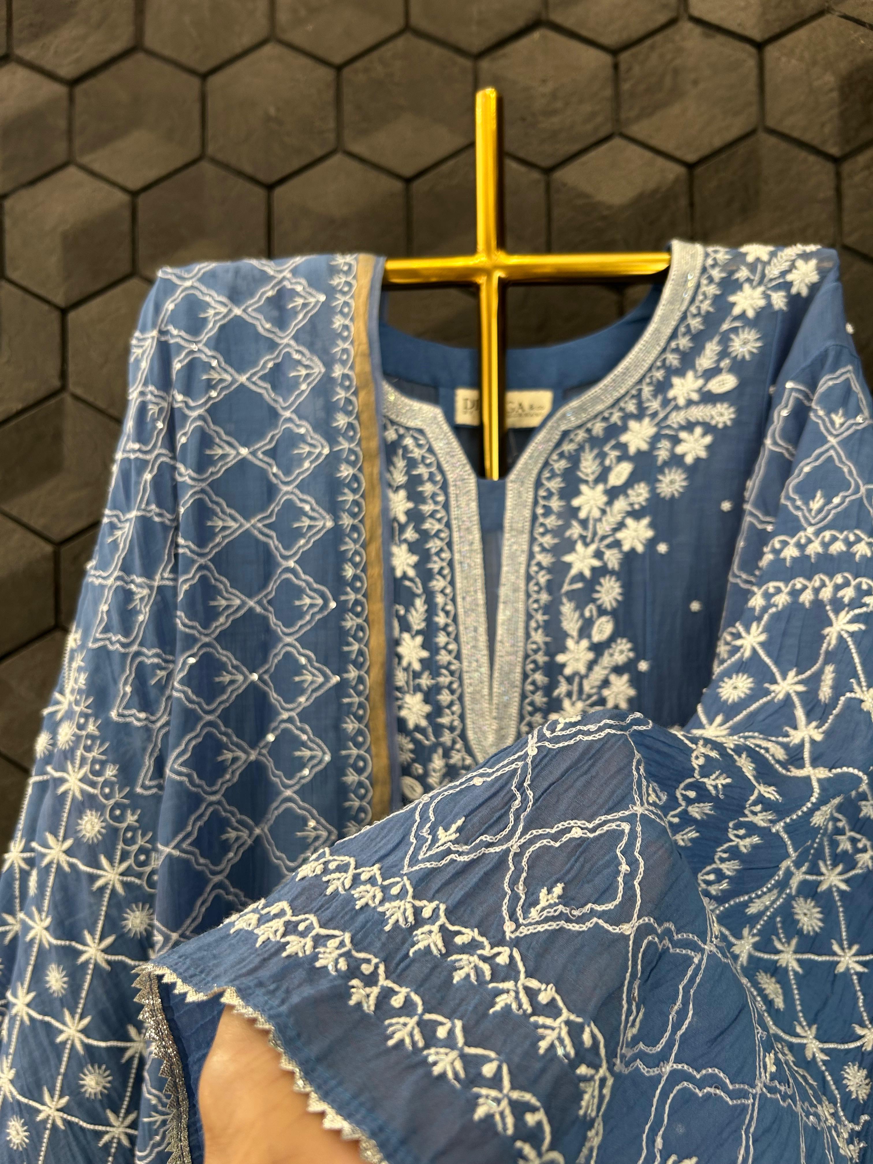 Blue Mul Chanderi Chikankari Anarkali Set