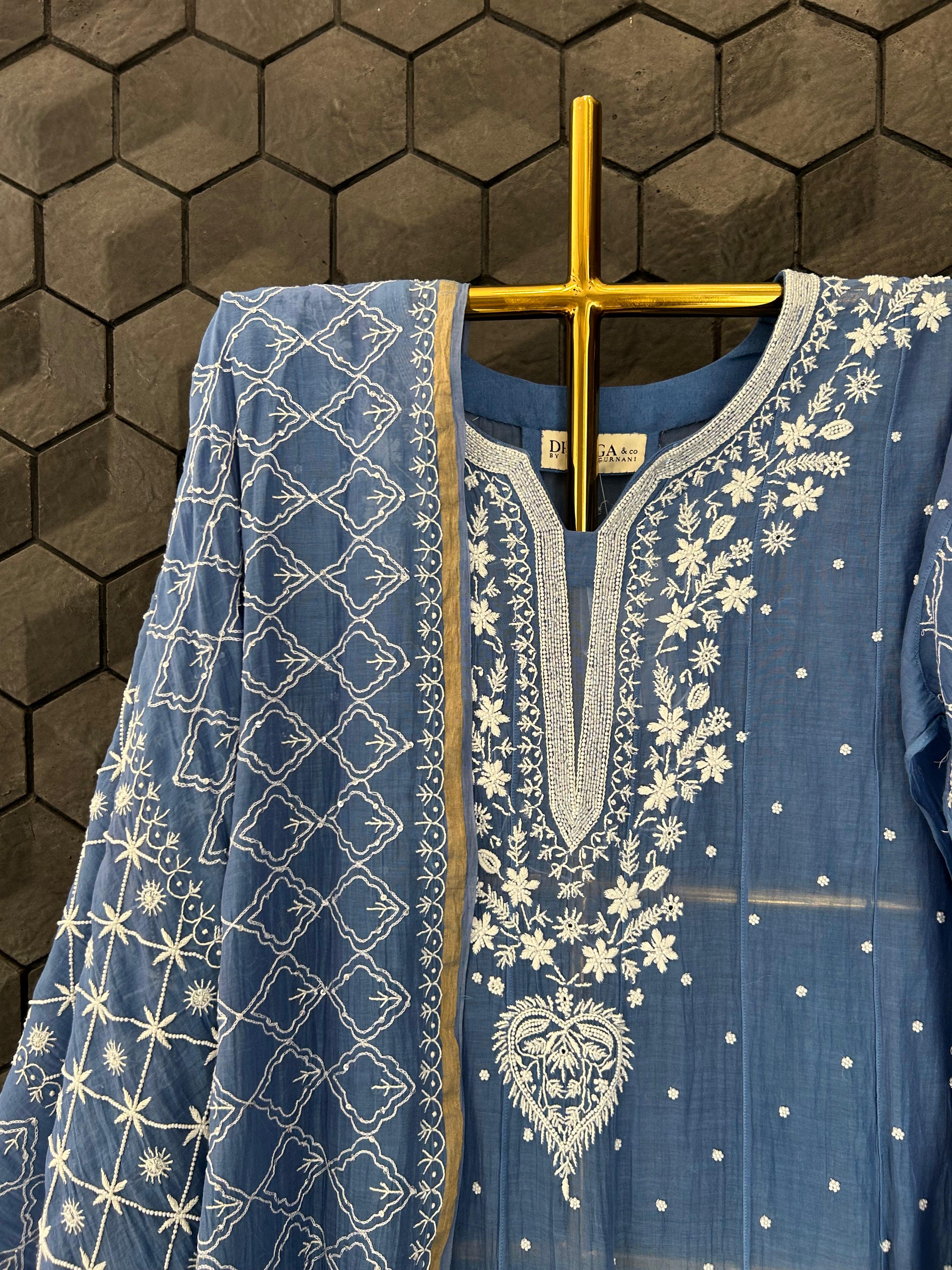 Blue Mul Chanderi Chikankari Anarkali Set