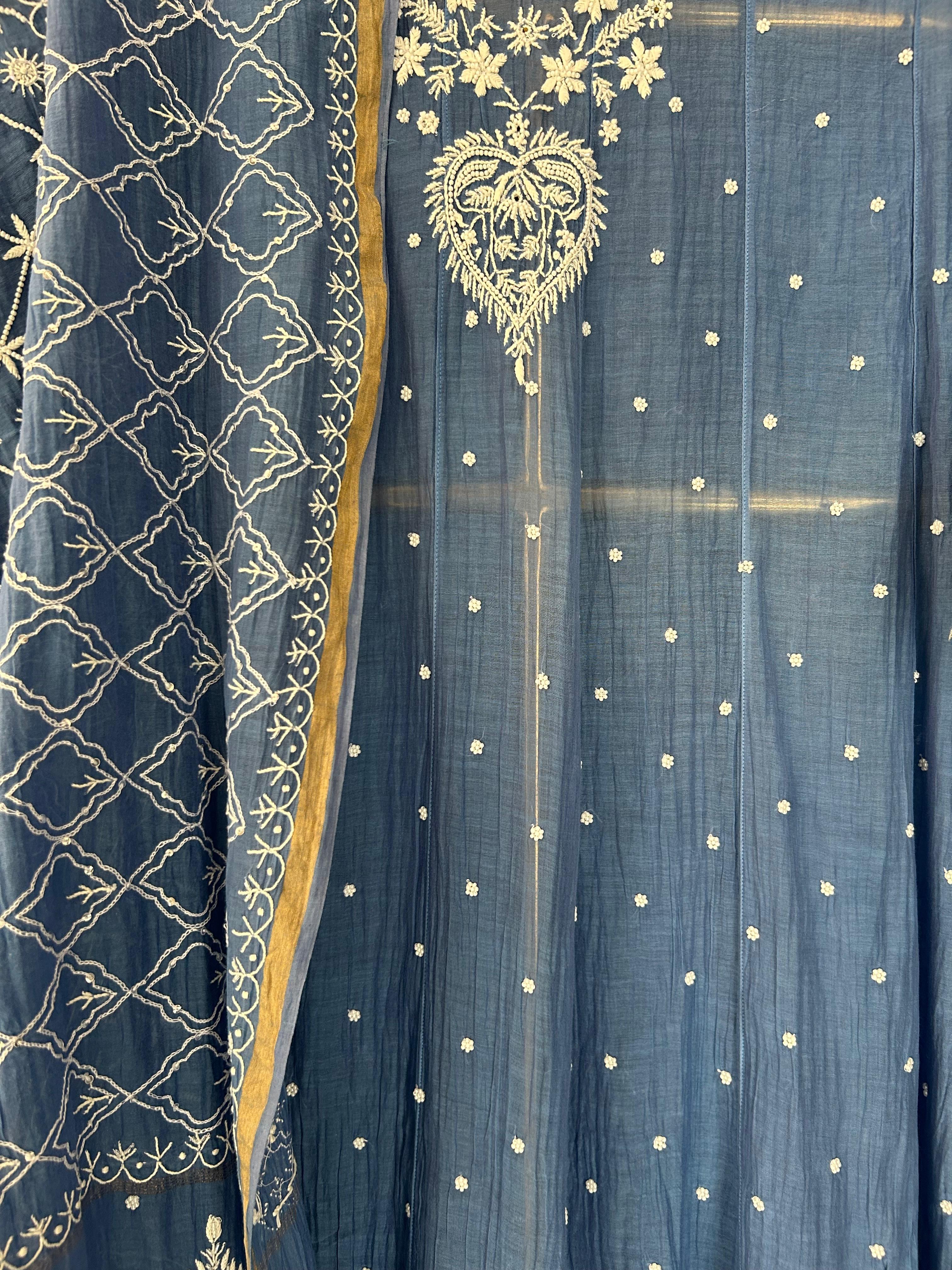 Blue Mul Chanderi Chikankari Anarkali Set