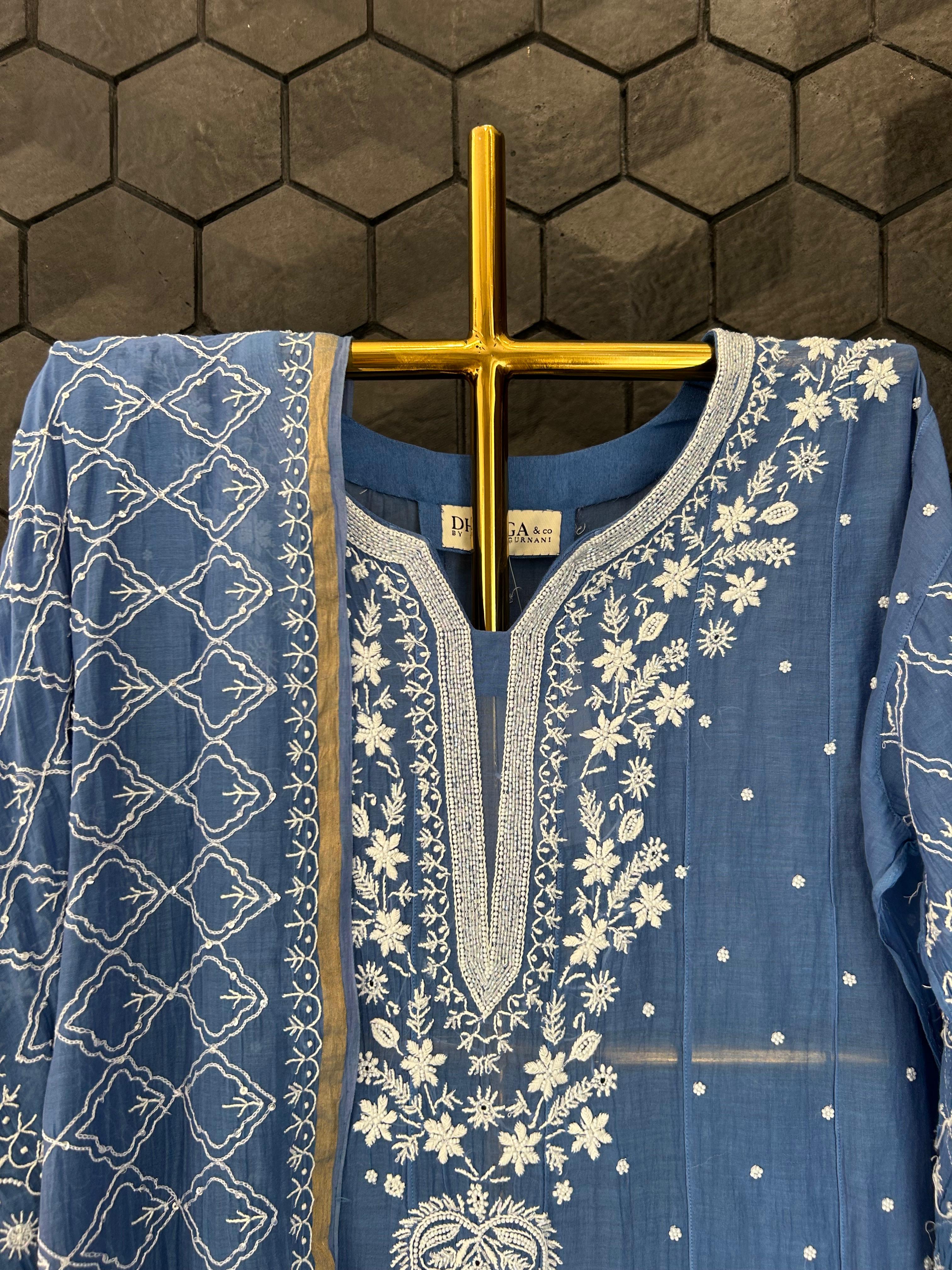 Blue Mul Chanderi Chikankari Anarkali Set