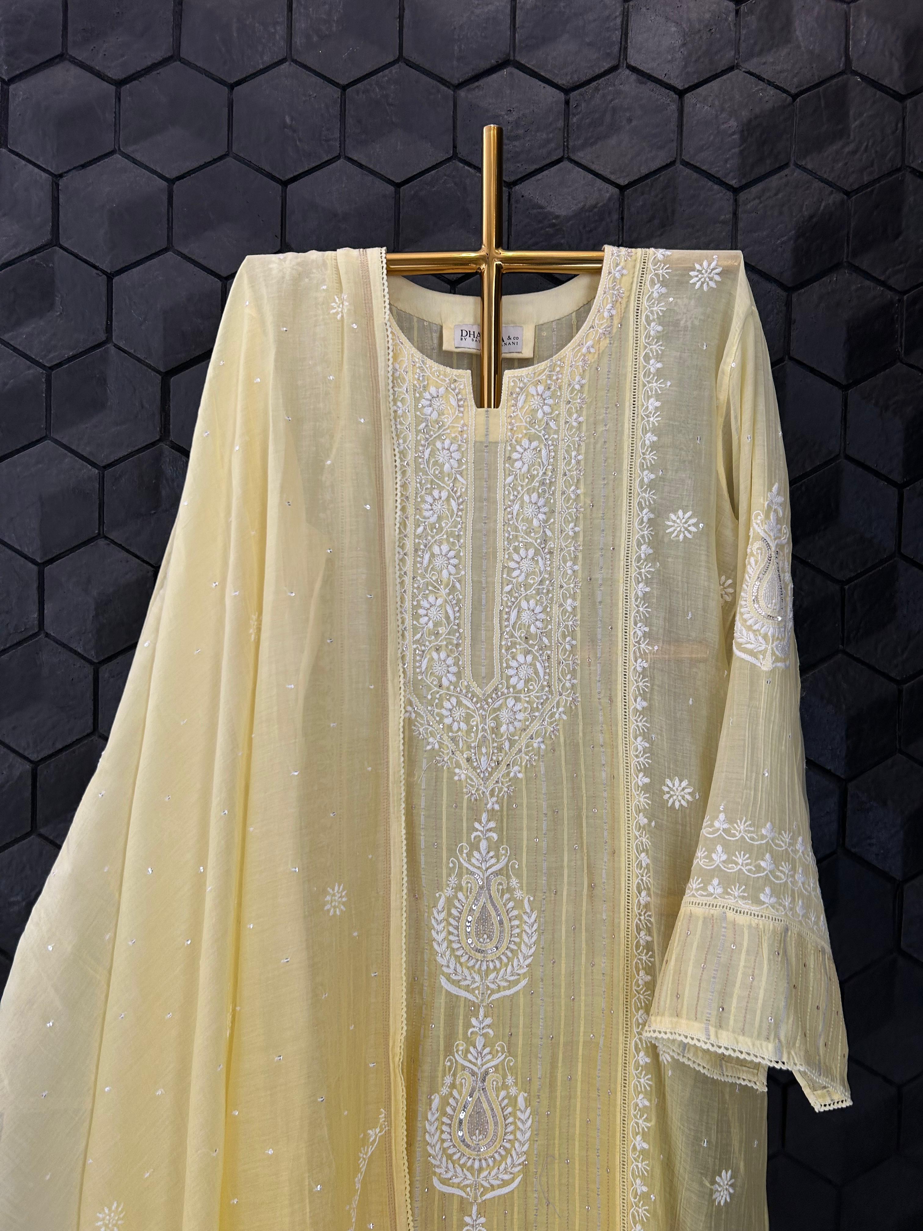 Yellow Mul Chanderi Chikankari Kurta Set