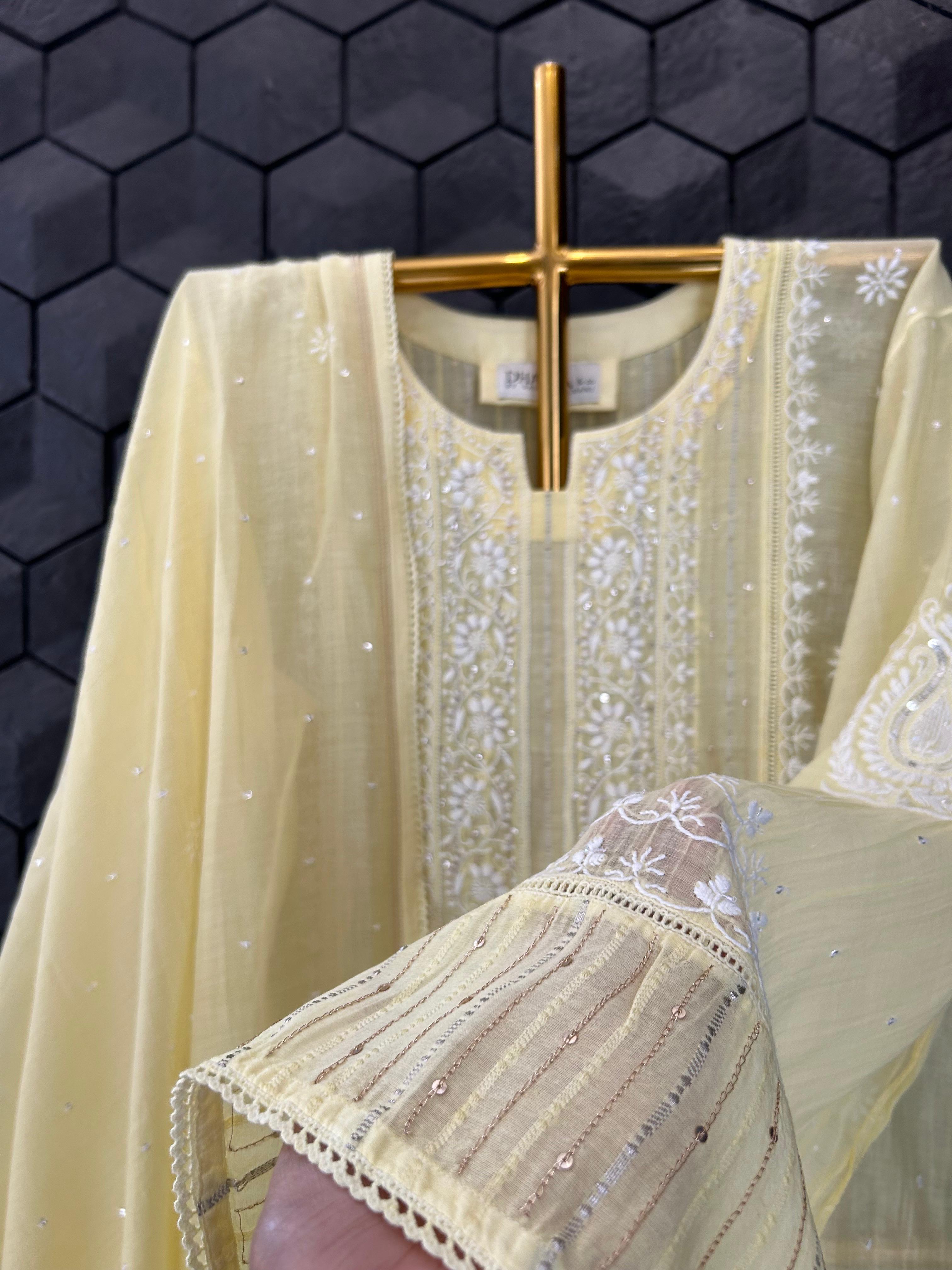 Yellow Mul Chanderi Chikankari Kurta Set