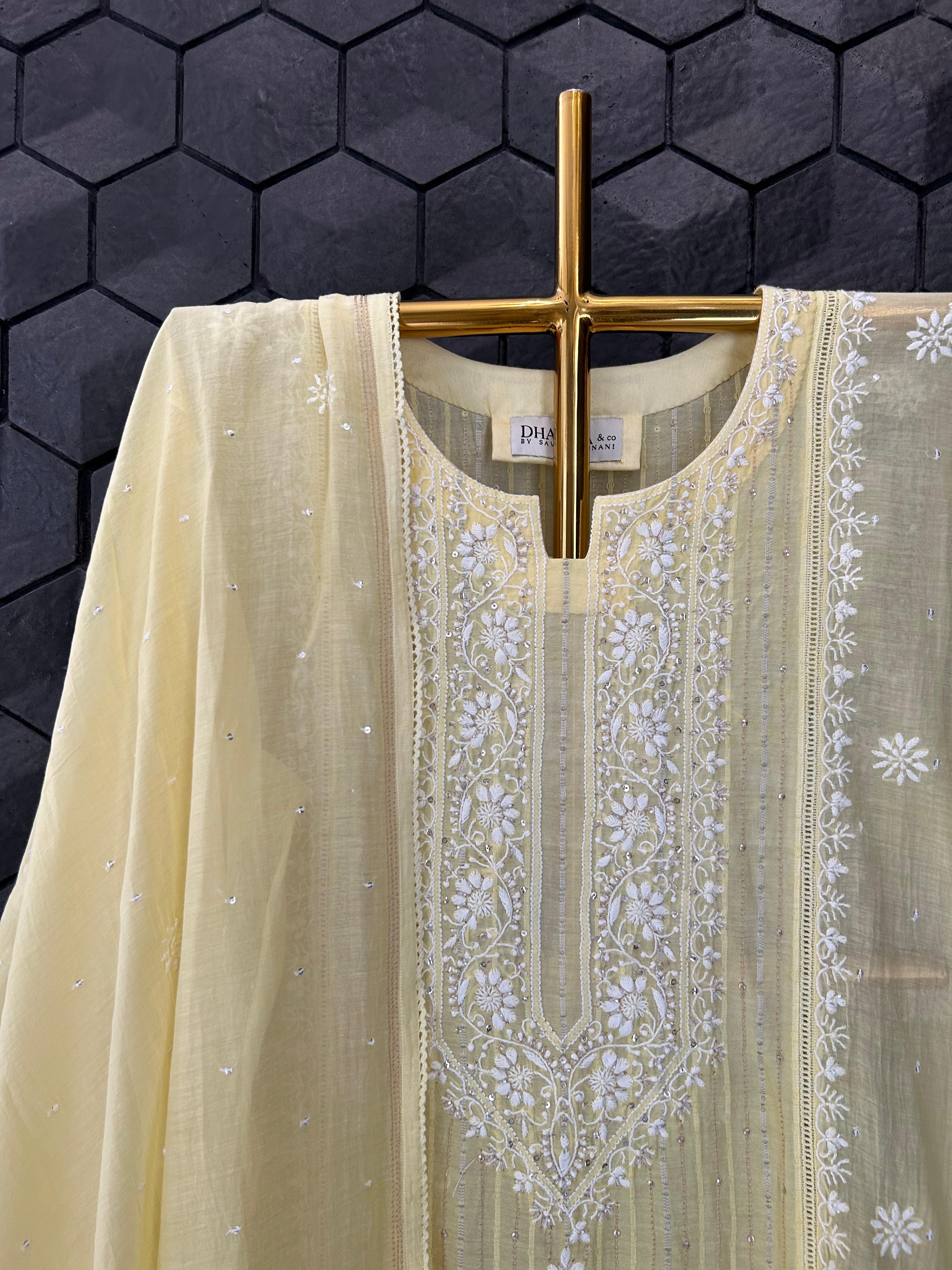 Yellow Mul Chanderi Chikankari Kurta Set