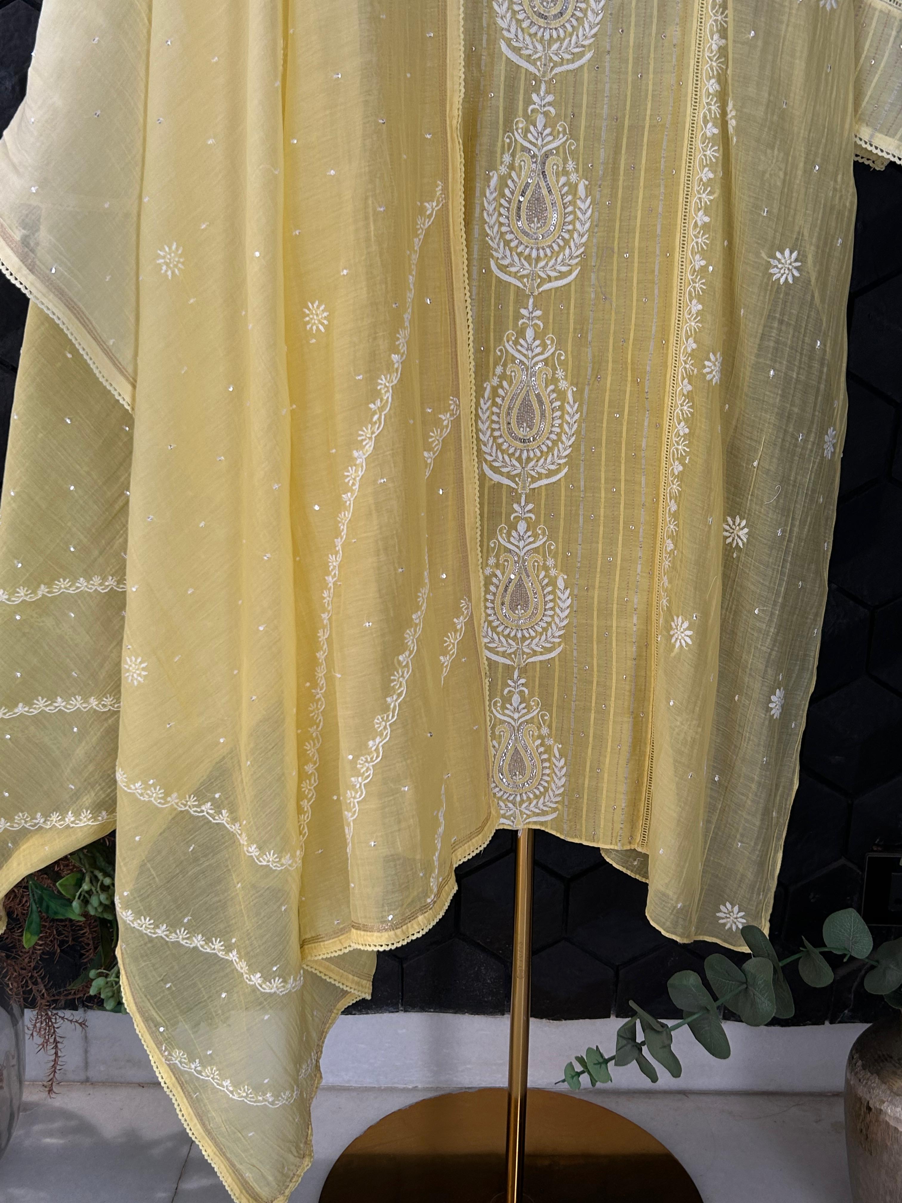 Yellow Mul Chanderi Chikankari Kurta Set