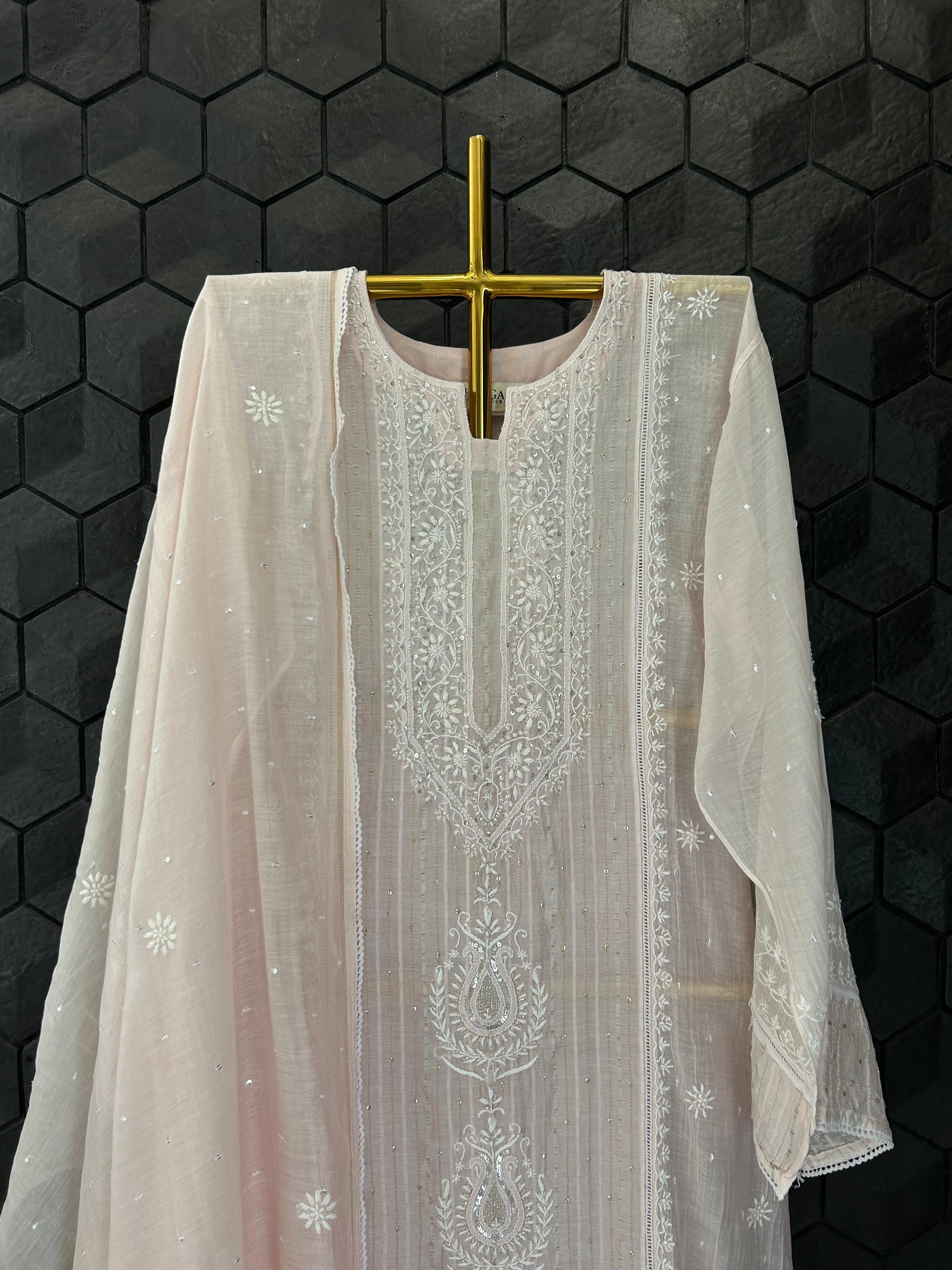 Pink Mul Chanderi Chikankari Kurta Set