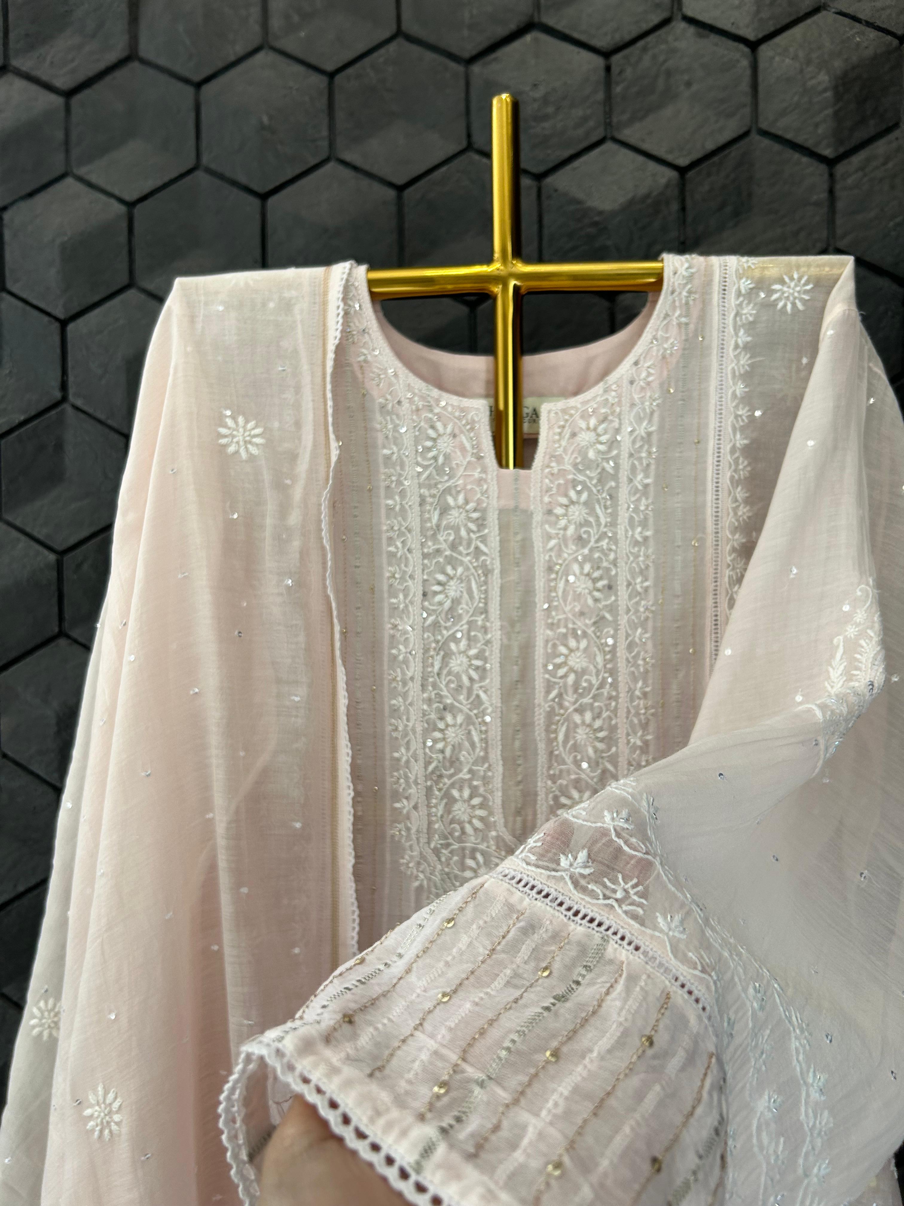 Pink Mul Chanderi Chikankari Kurta Set