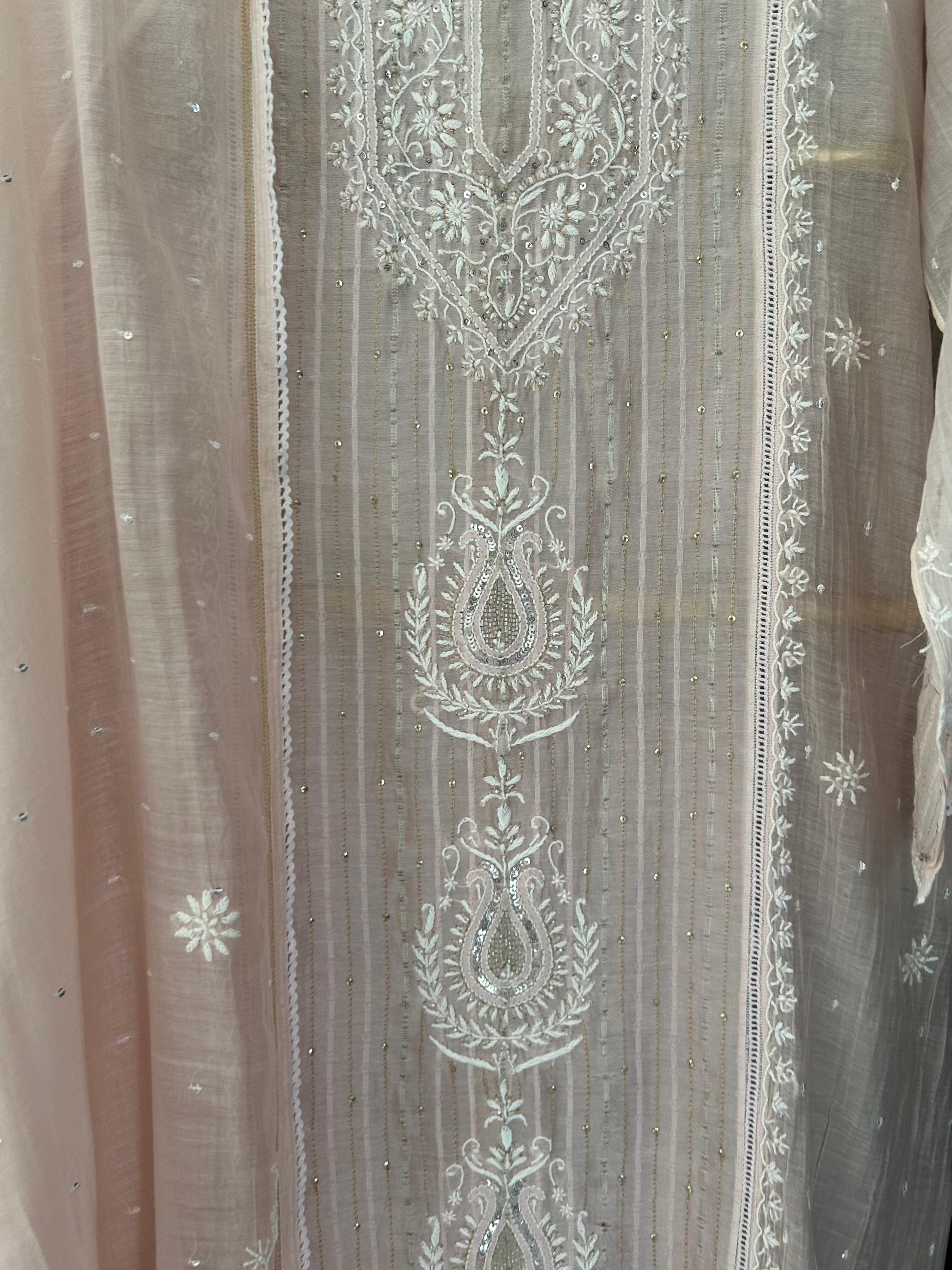 Pink Mul Chanderi Chikankari Kurta Set