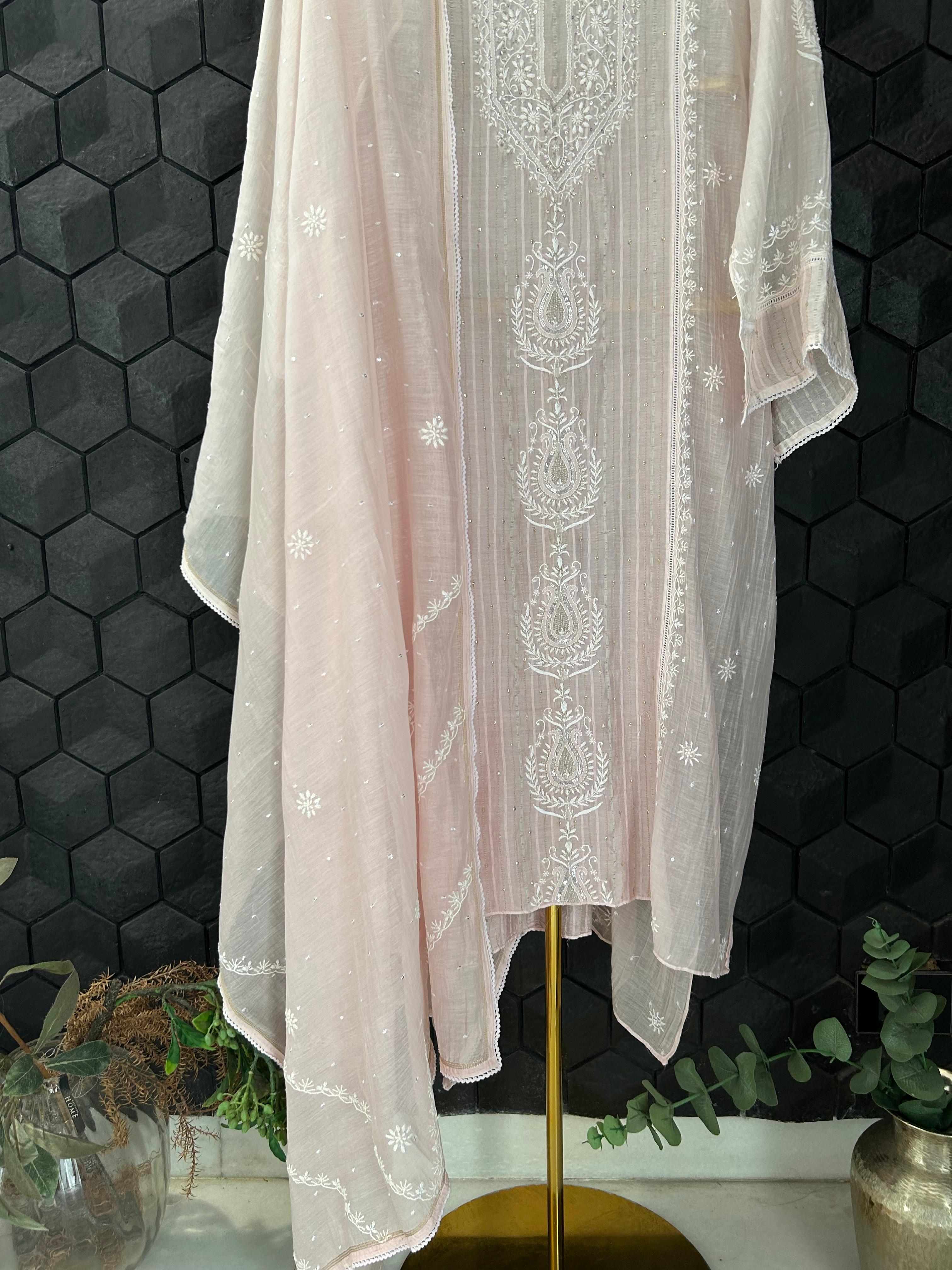 Pink Mul Chanderi Chikankari Kurta Set