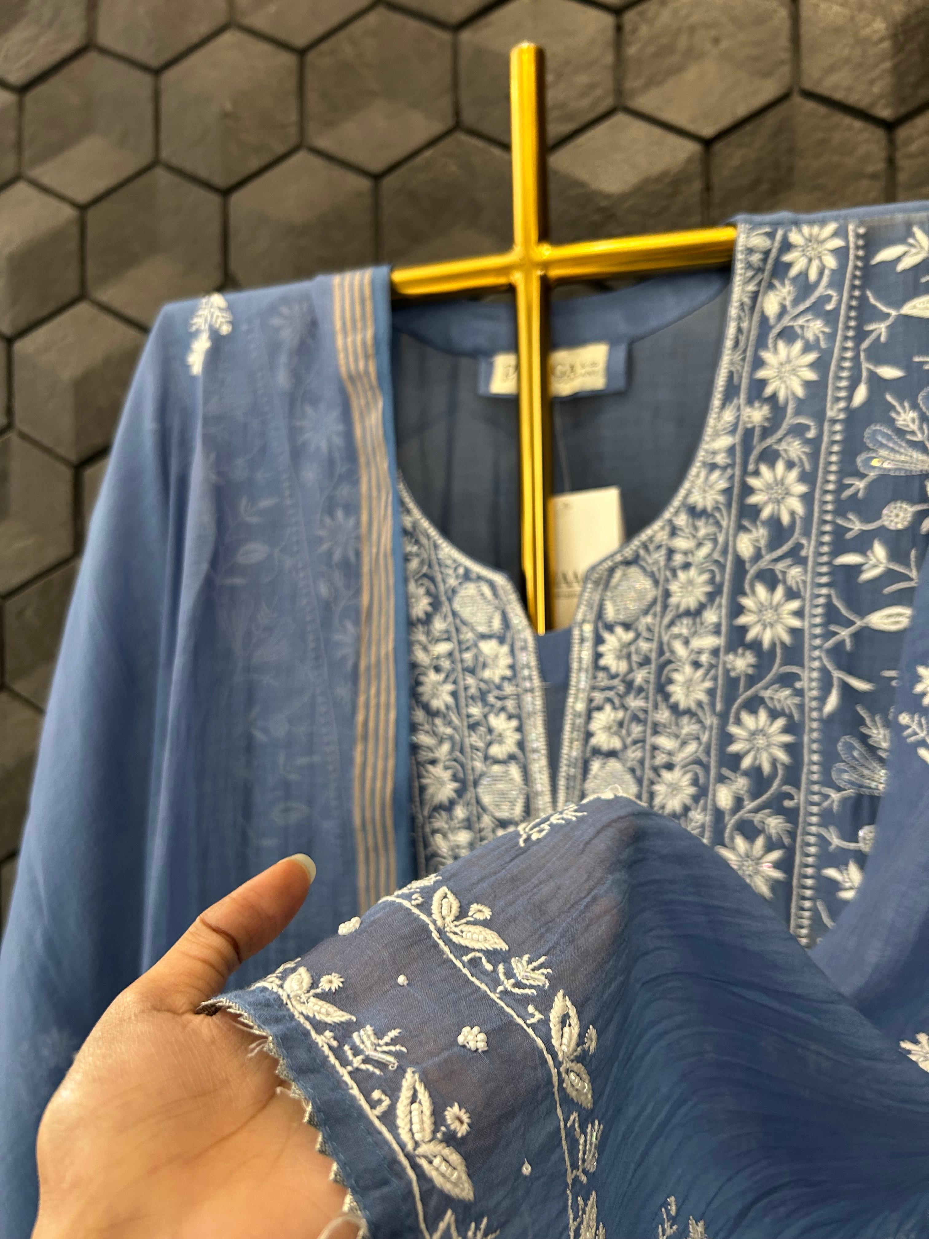 Blue Mul Chanderi Chikankari Kurta Set