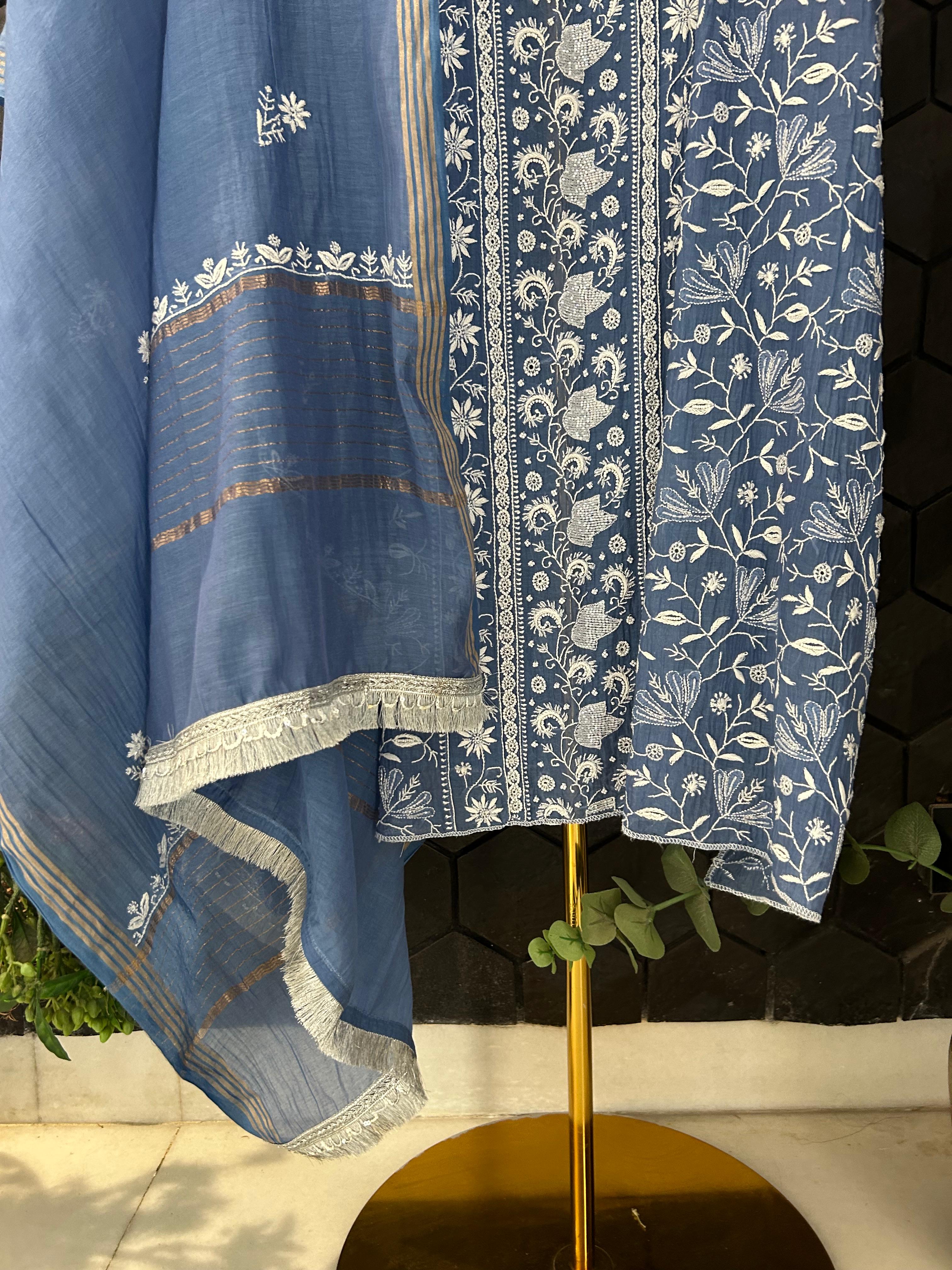 Blue Mul Chanderi Chikankari Kurta Set
