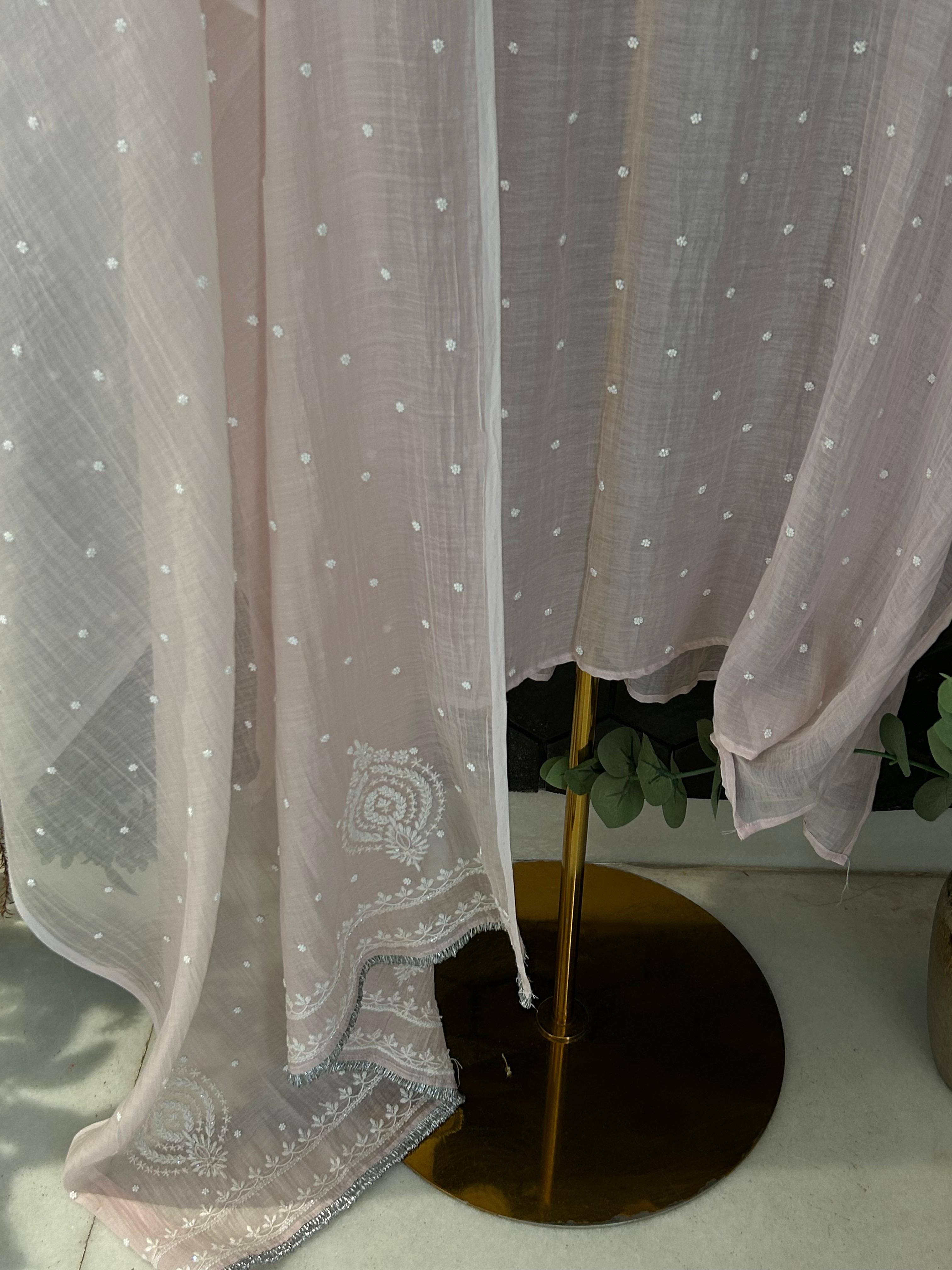 Pink Mul Chanderi Chikankari Kurta Set