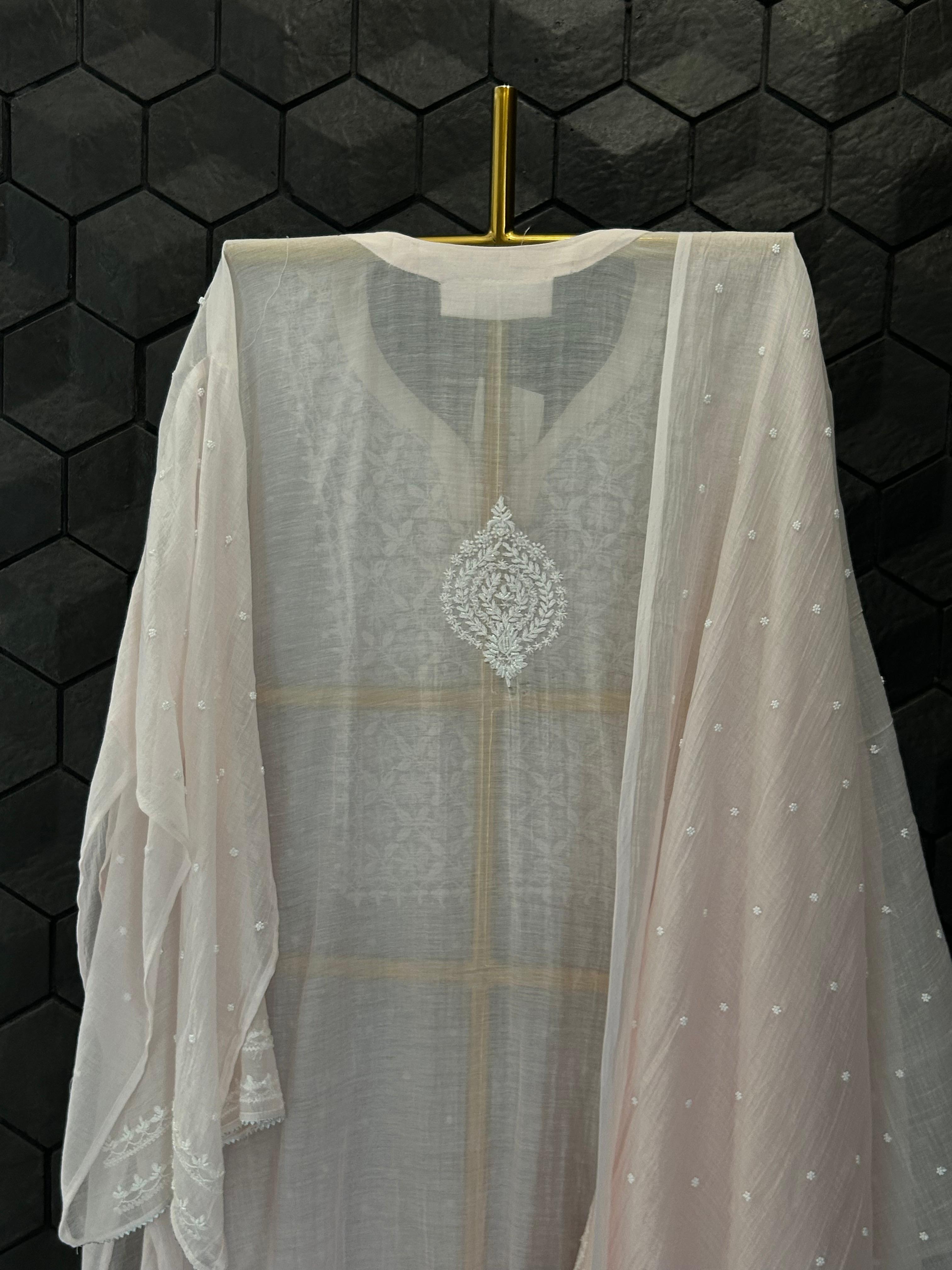 Pink Mul Chanderi Chikankari Kurta Set
