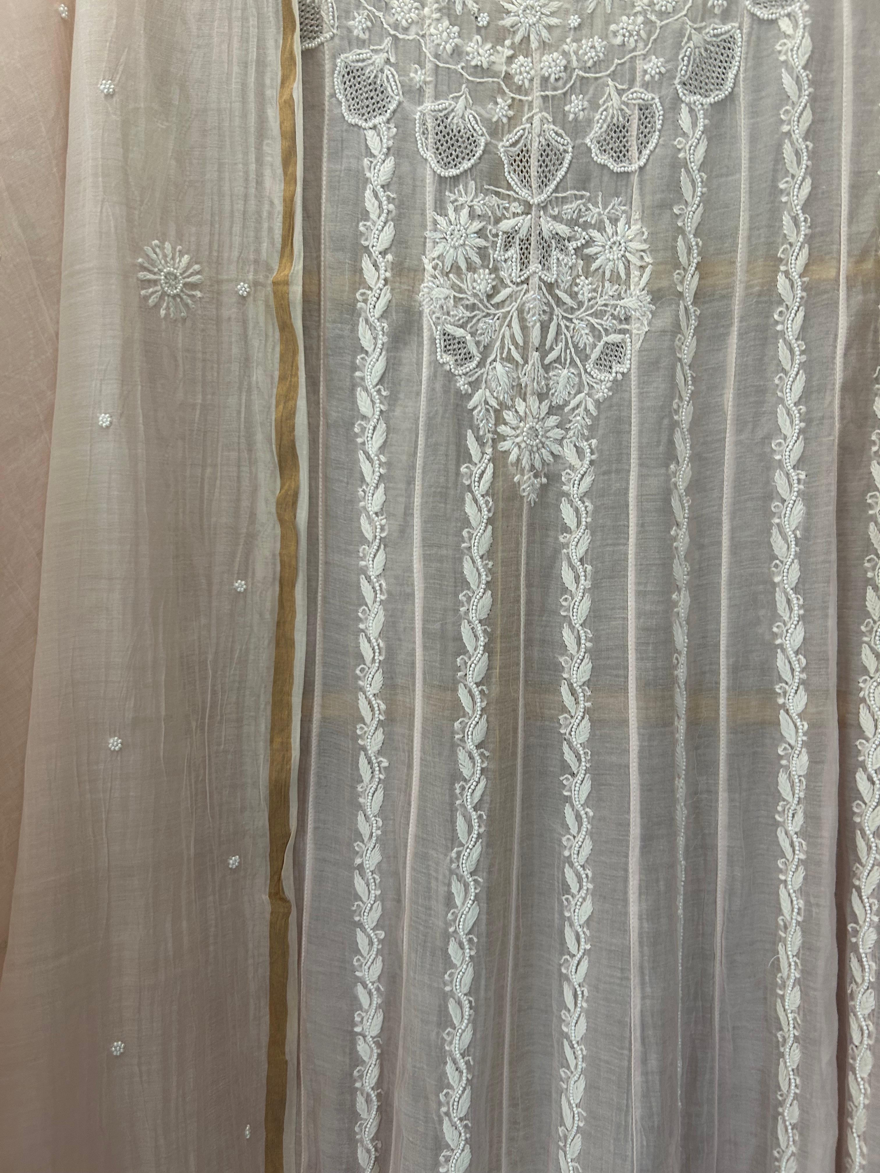 Pink Mul Chanderi Chikankari Anarkali Set