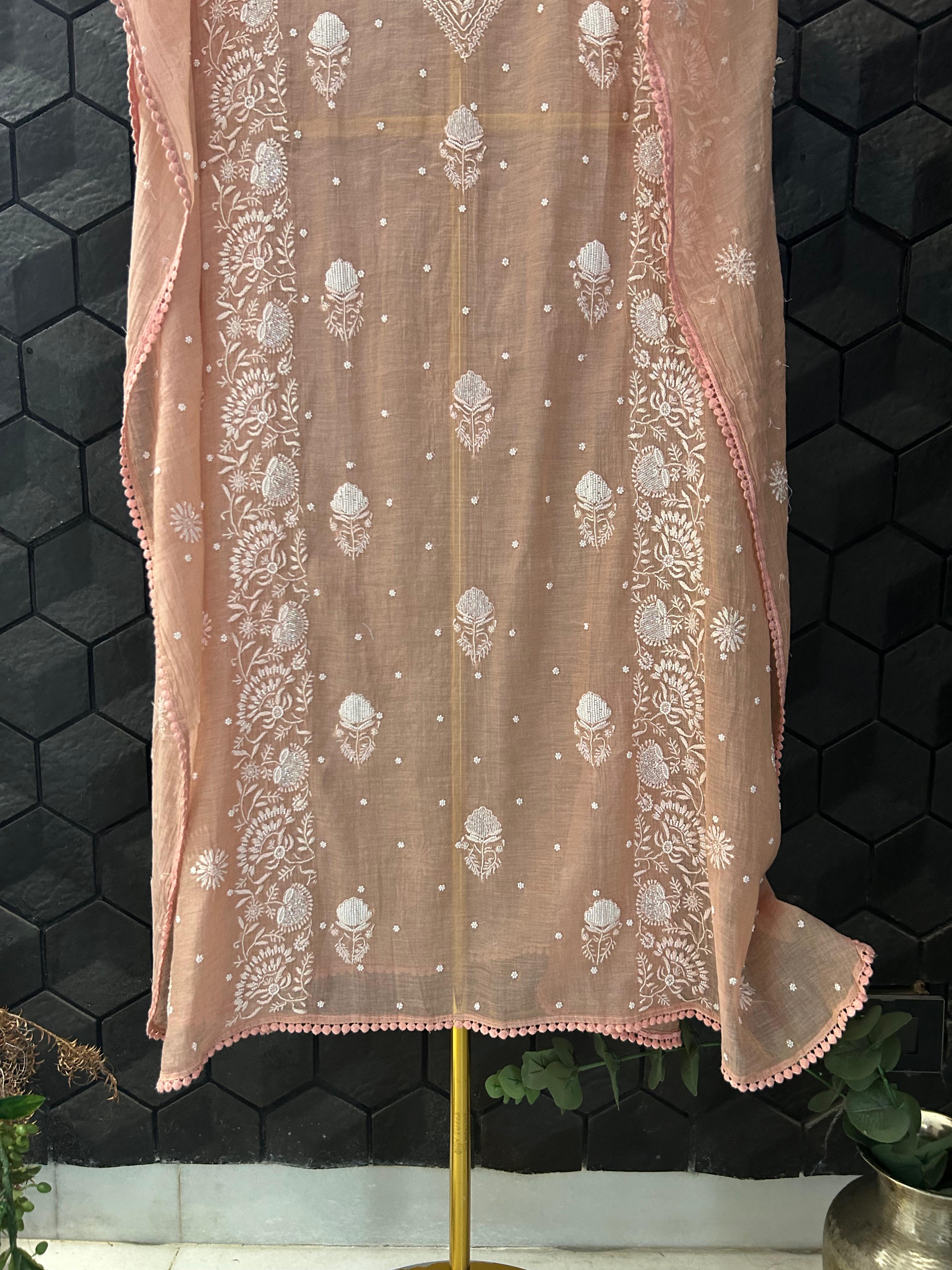Peach Tissue Chikankari Kaftan