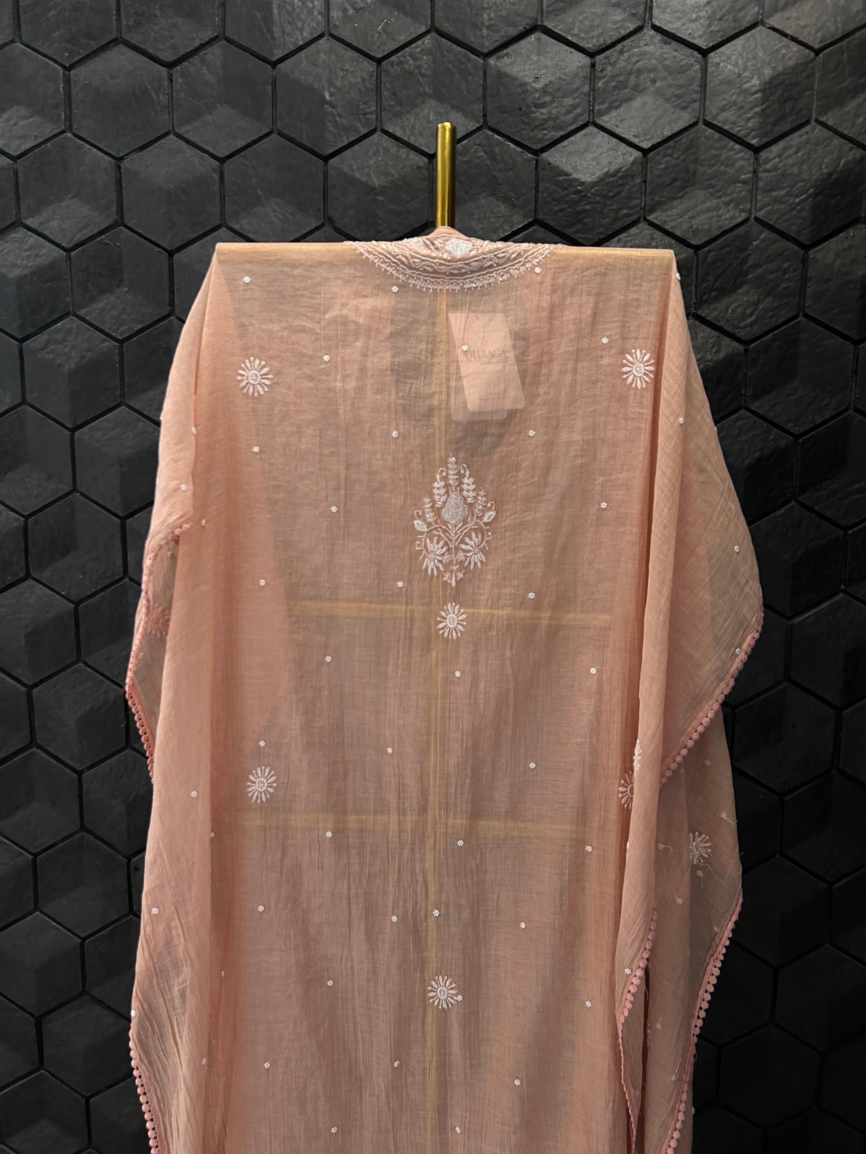 Peach Tissue Chikankari Kaftan