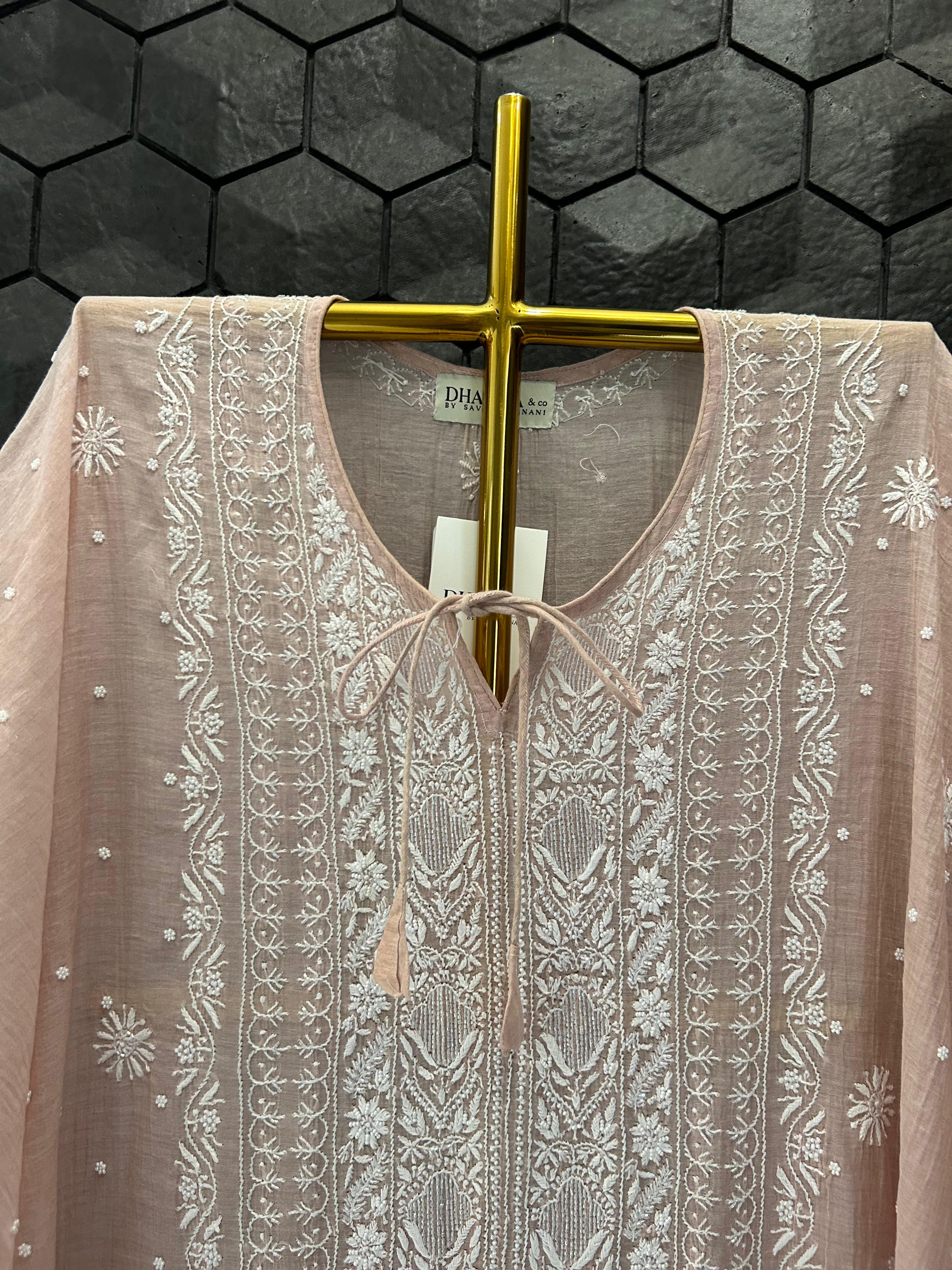Pink Tissue Chikankari Kaftan