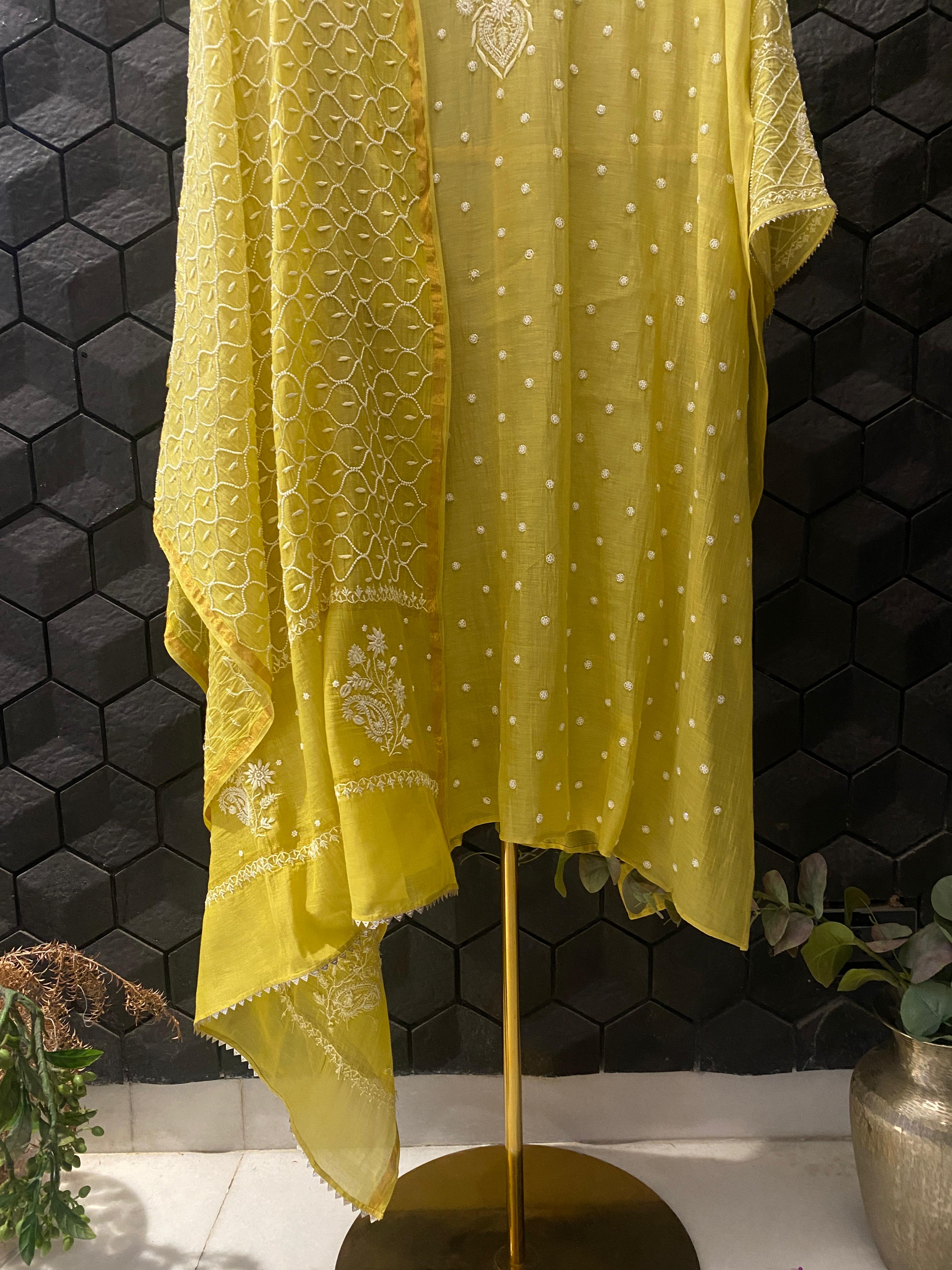 Green Mul Chanderi Chikankari Kurta Set