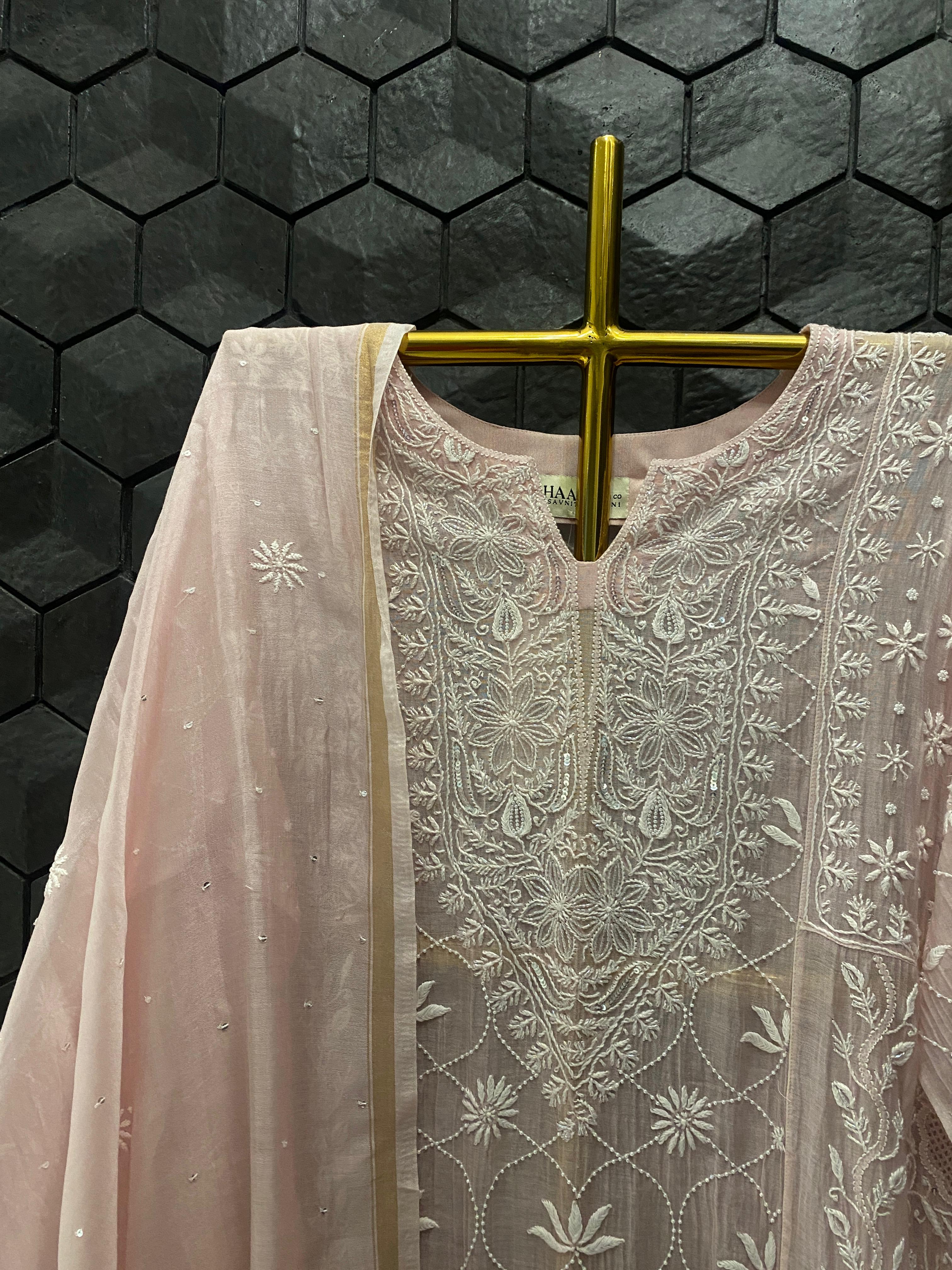 Pink Mul Chanderi Chikankari Anarkali Set