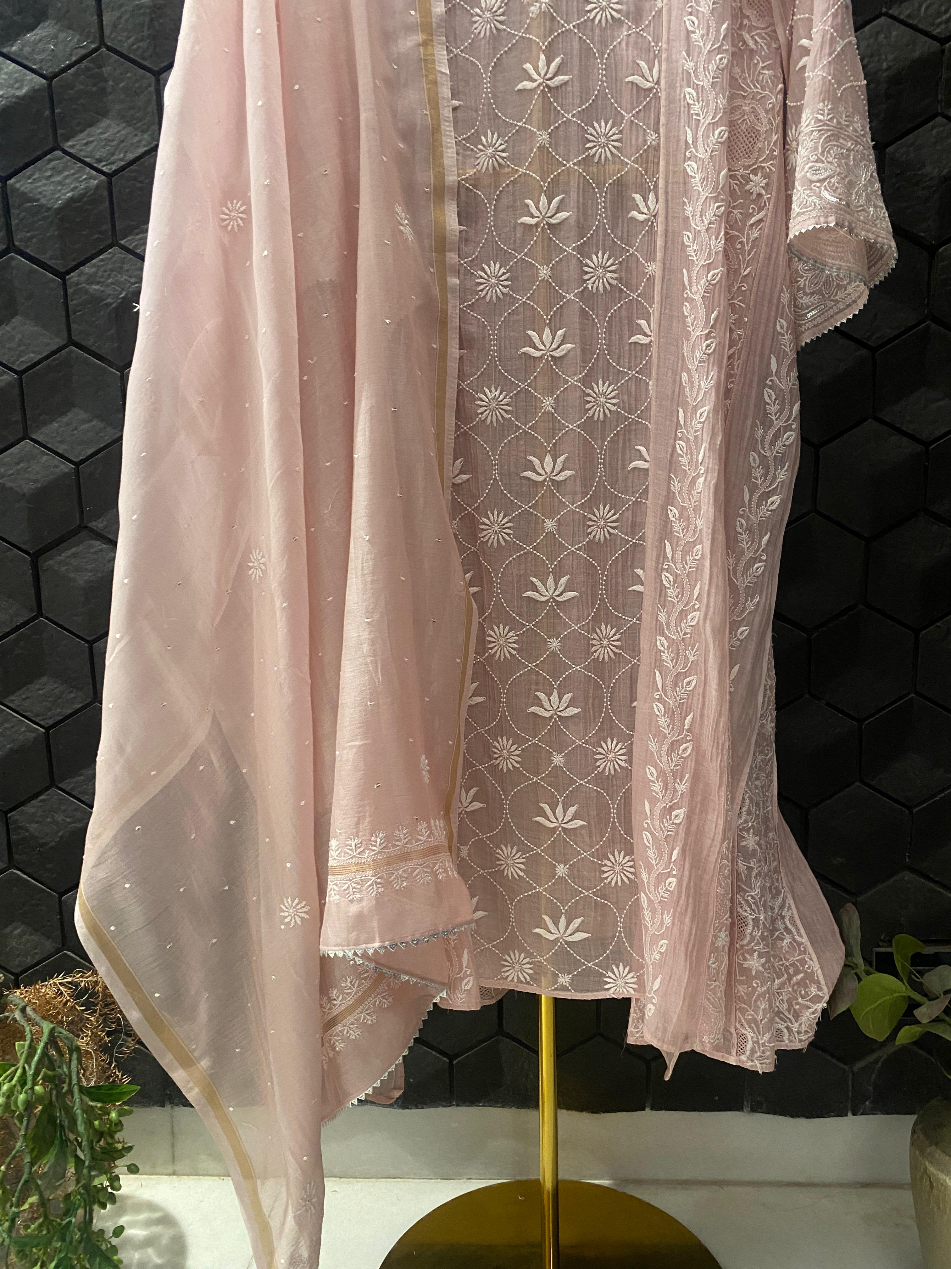 Pink Mul Chanderi Chikankari Anarkali Set
