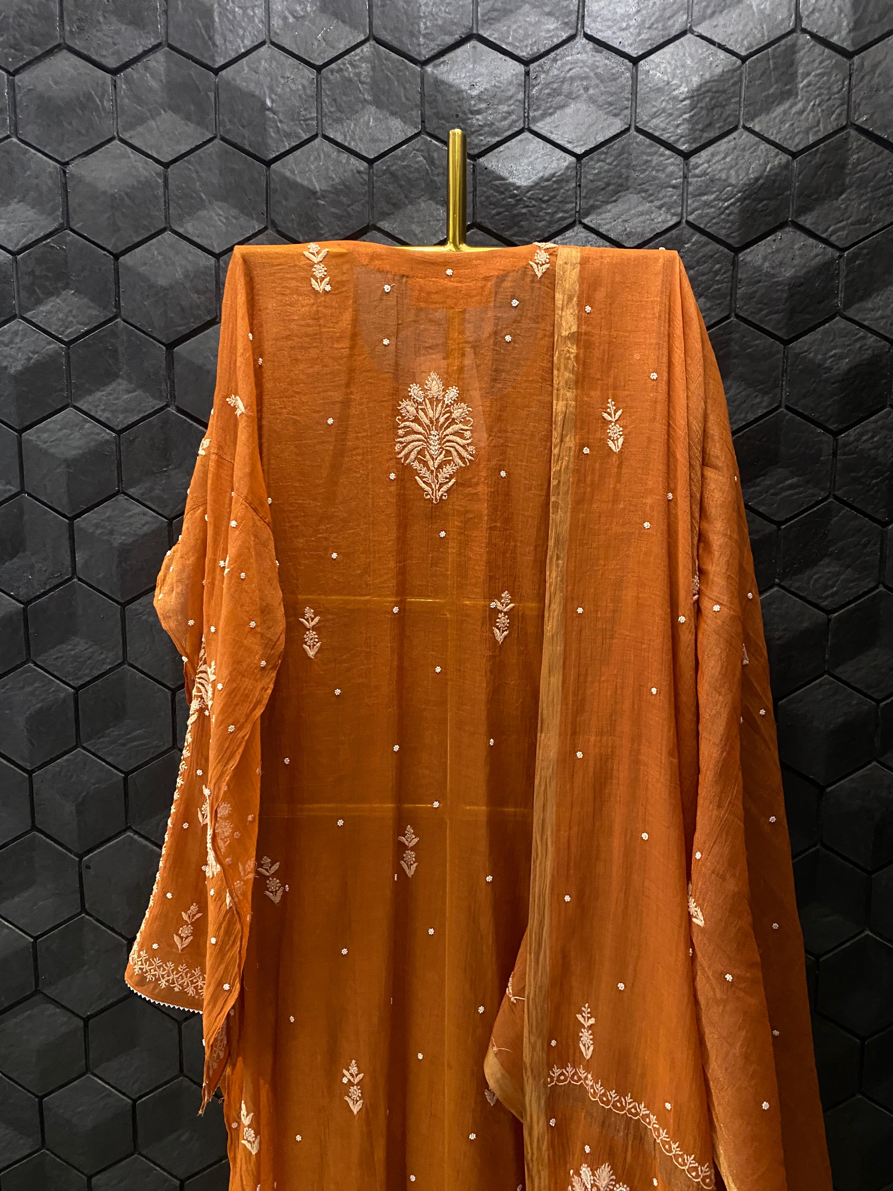 Orange Golden Tissue Chikankari Kurta Set