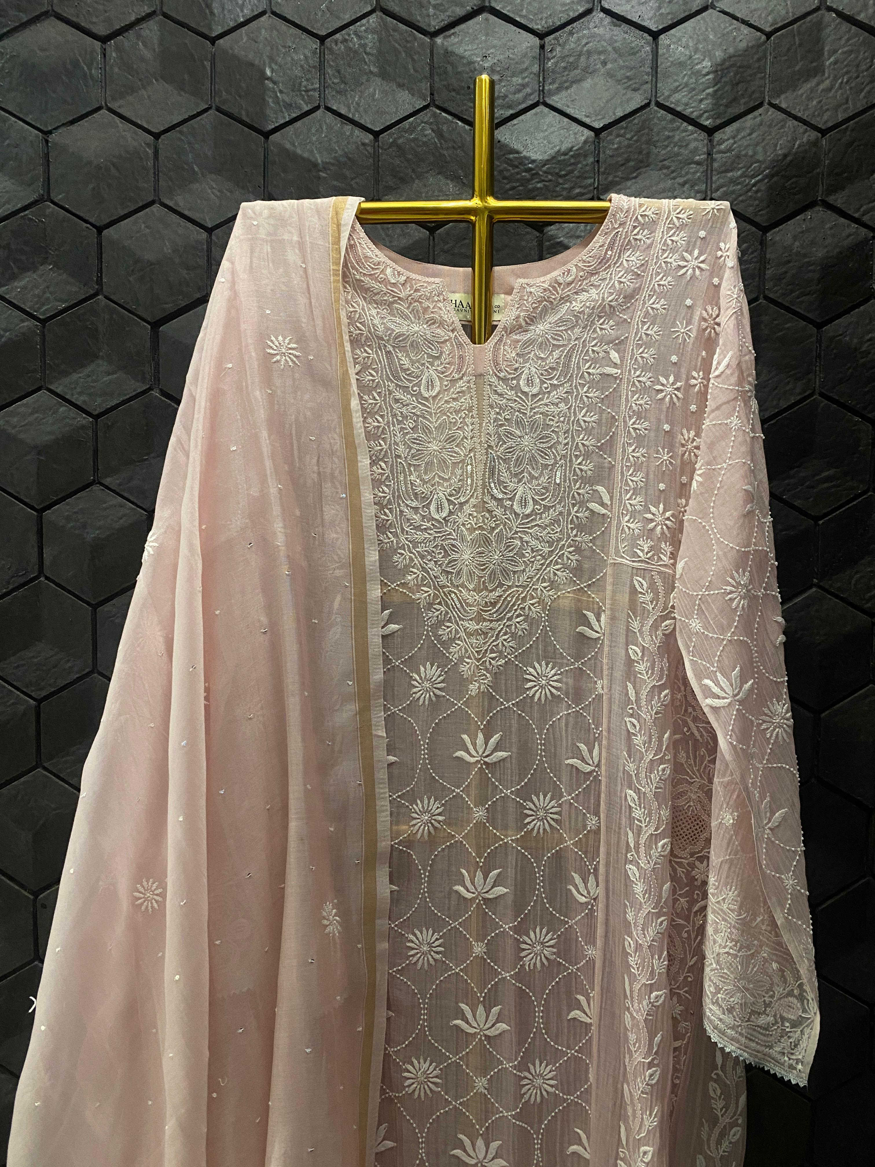 Pink Mul Chanderi Chikankari Anarkali Set