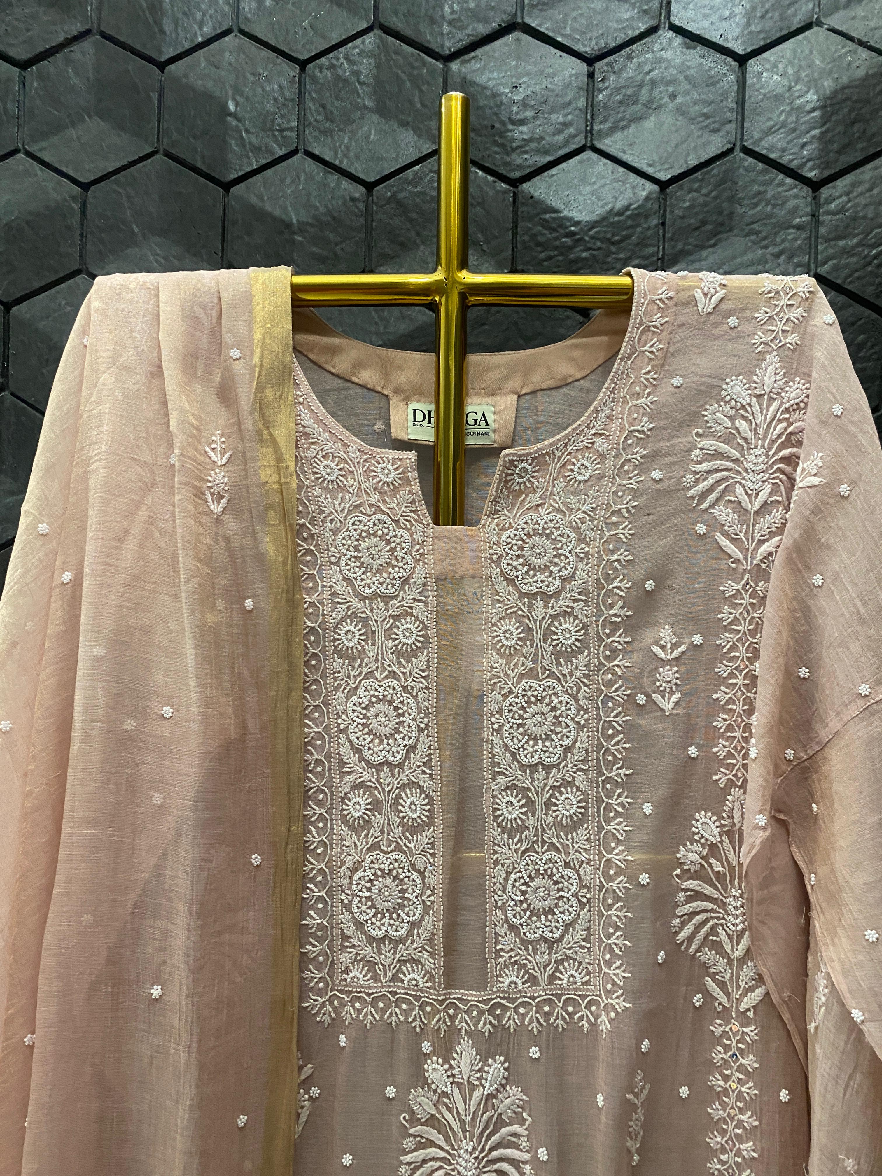 Peach Golden Tissue Chikankari Kurta Set